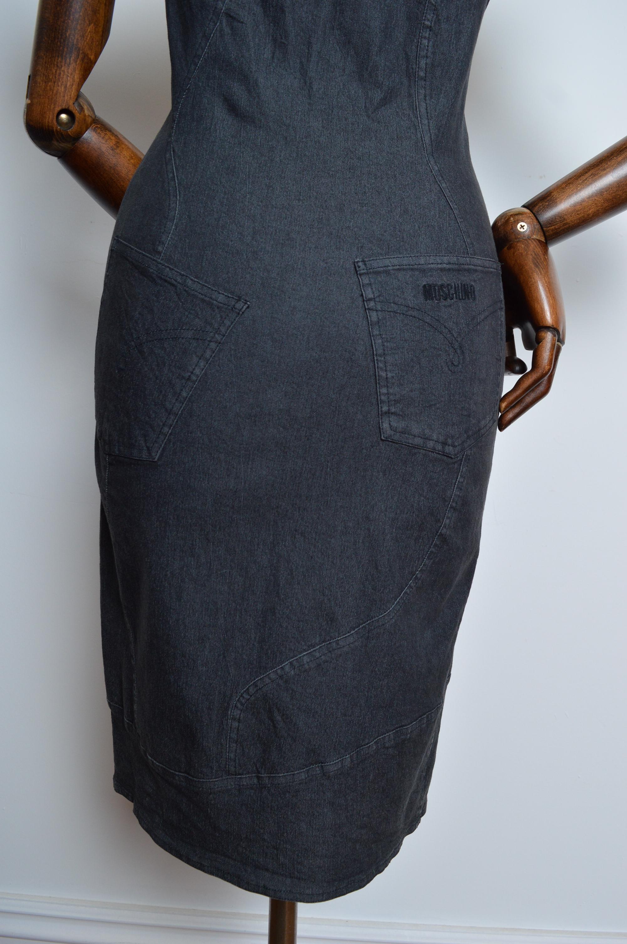 MOSCHINO Jeans Divertido minivestido vaquero con manga de puf gris y costura retorcida en venta 7