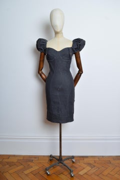 MOSCHINO Jeans Fun Grey Pouf Sleeve Denim Twisted Seam Mini Dress