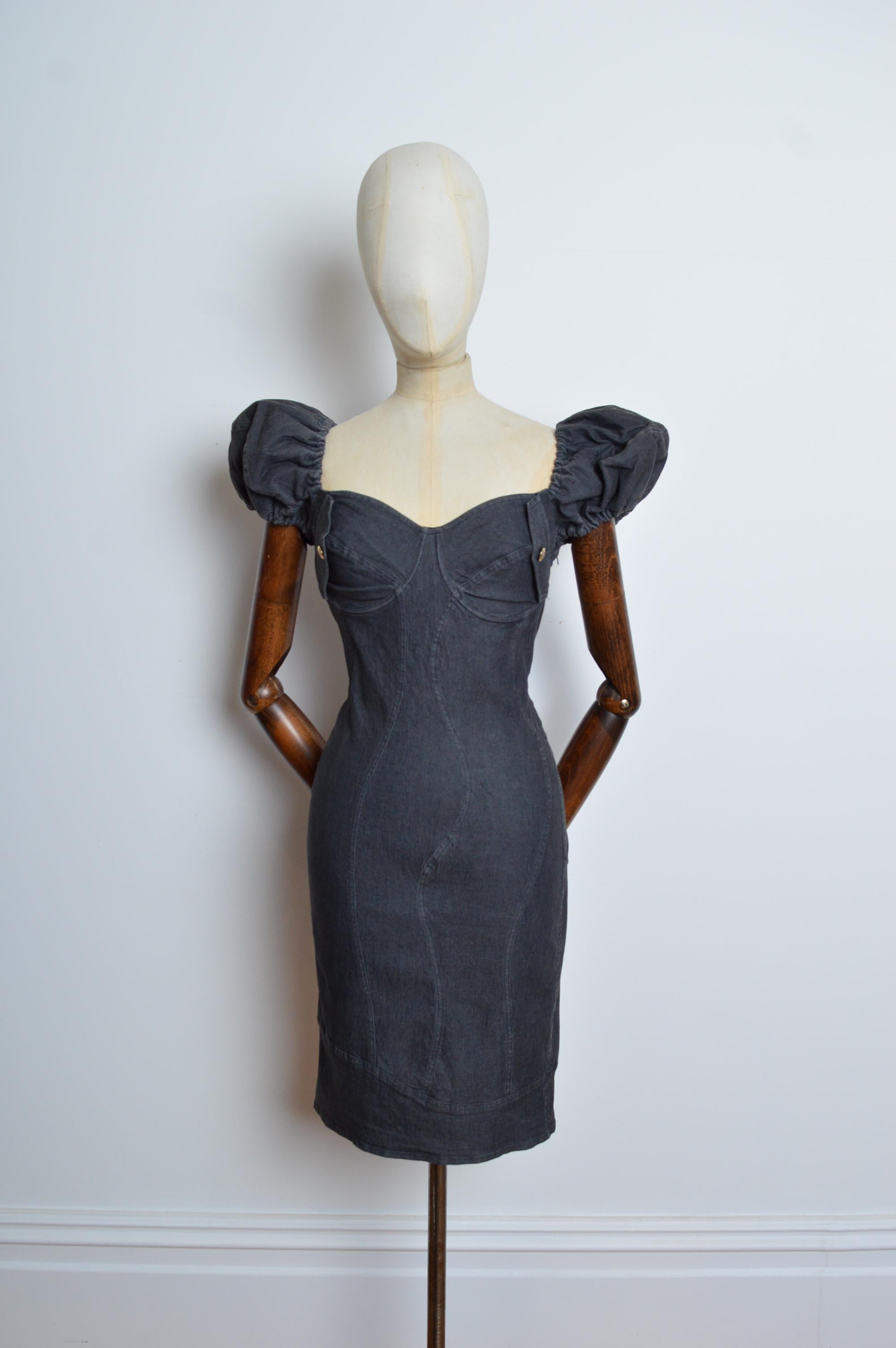 MOSCHINO Jeans Divertido minivestido vaquero con manga de puf gris y costura retorcida Negro en venta