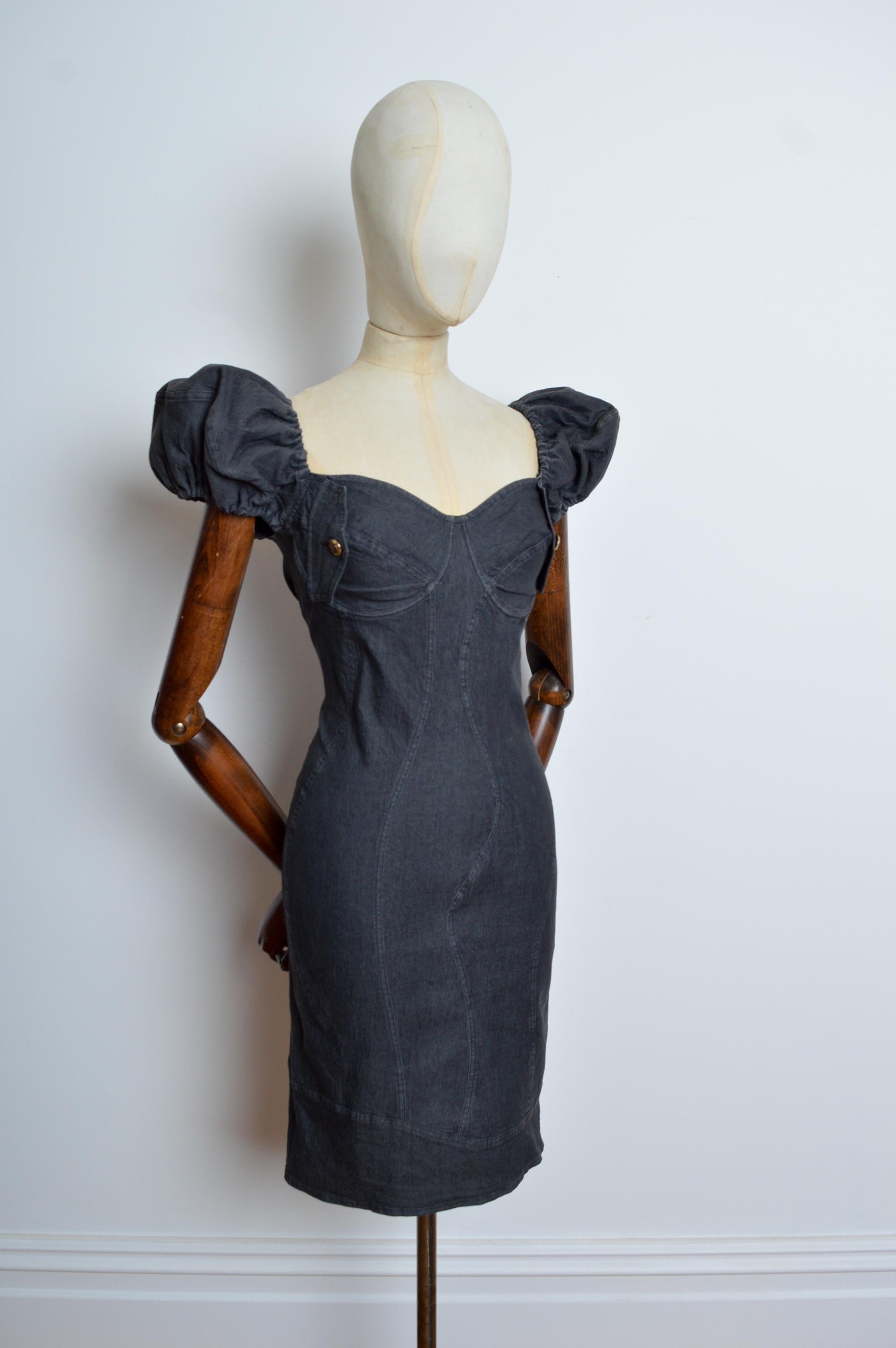 MOSCHINO Jeans Divertido minivestido vaquero con manga de puf gris y costura retorcida en venta 2