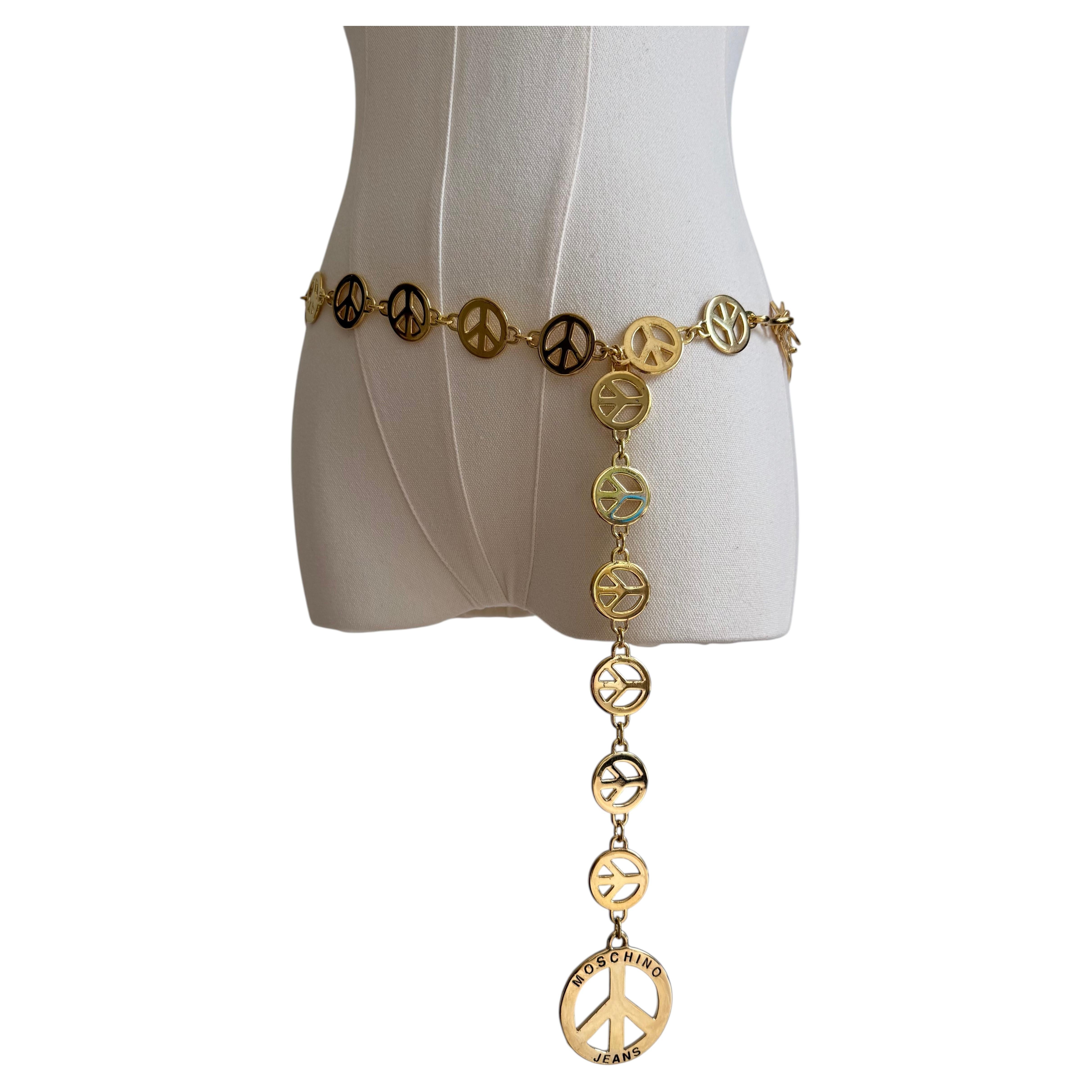 Pre-owned Moschino Jeans Gold-tone Peace Symbol Chain Belt With Drop Pendant In Gray