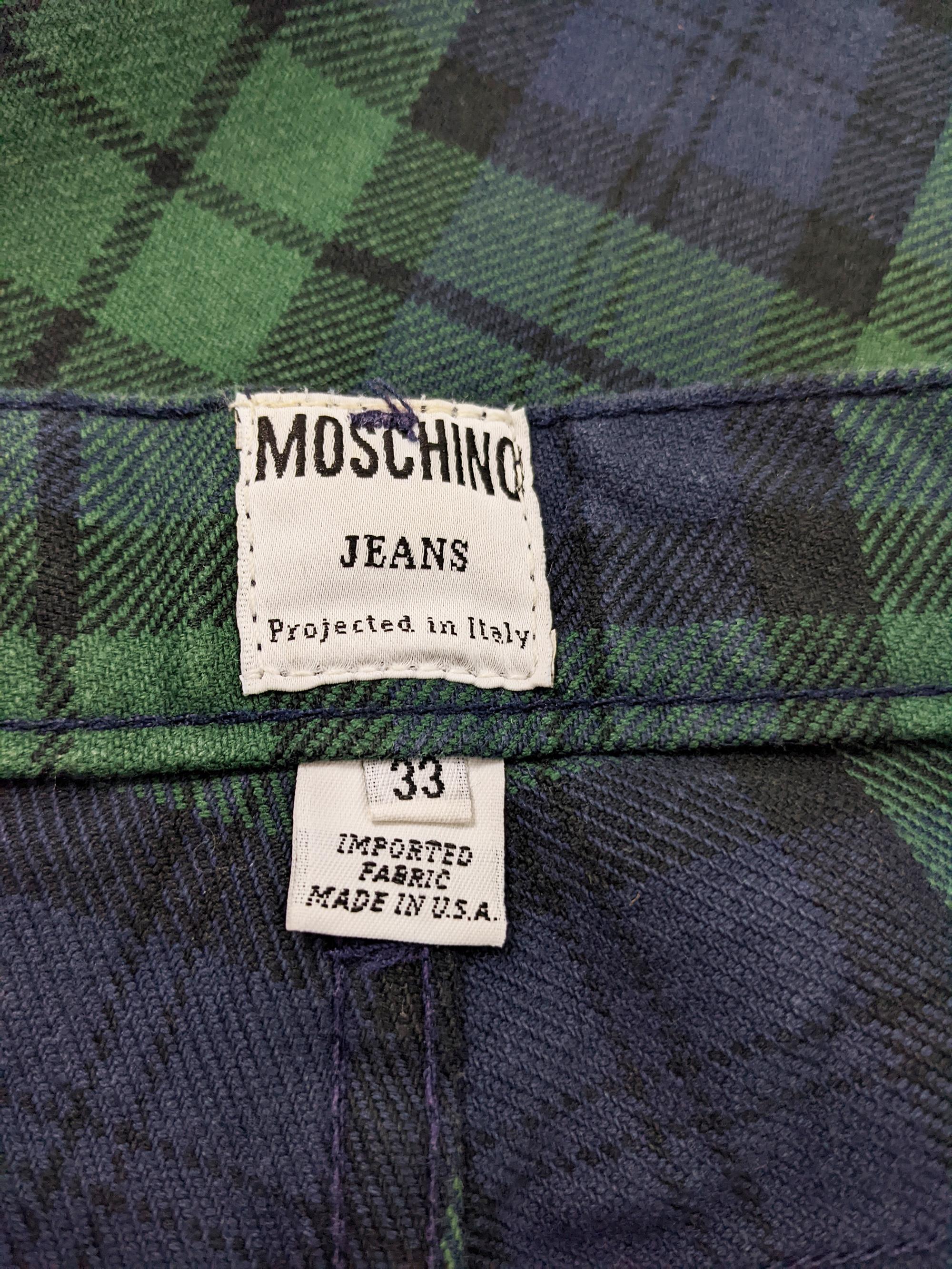 Moschino Jeans Mens Vintage Blue & Green Tartan Checked Straight Leg Denim Pants 3