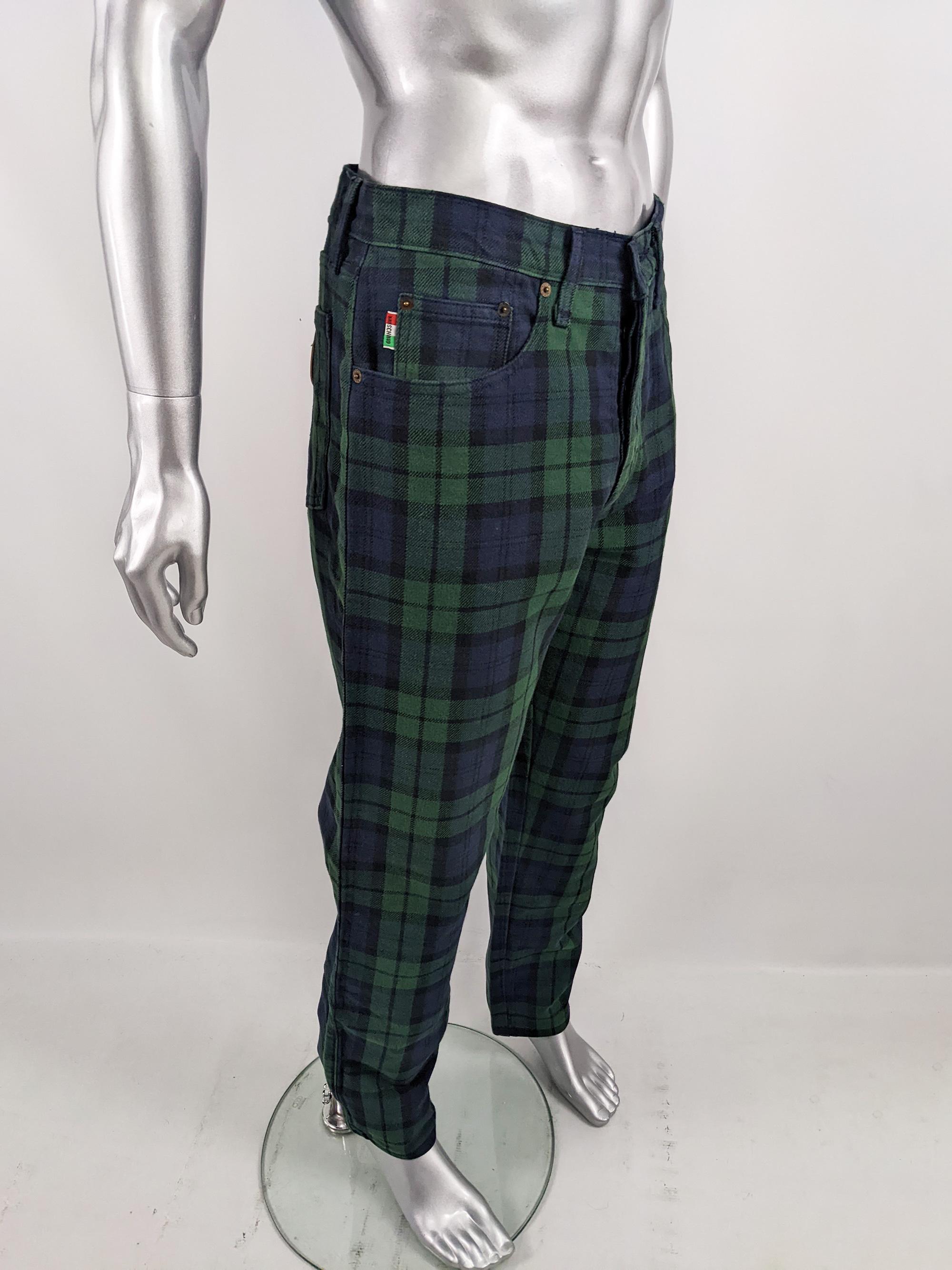 Moschino Jeans Mens Vintage Blue & Green Tartan Checked Straight Leg Denim Pants In Excellent Condition In Doncaster, South Yorkshire