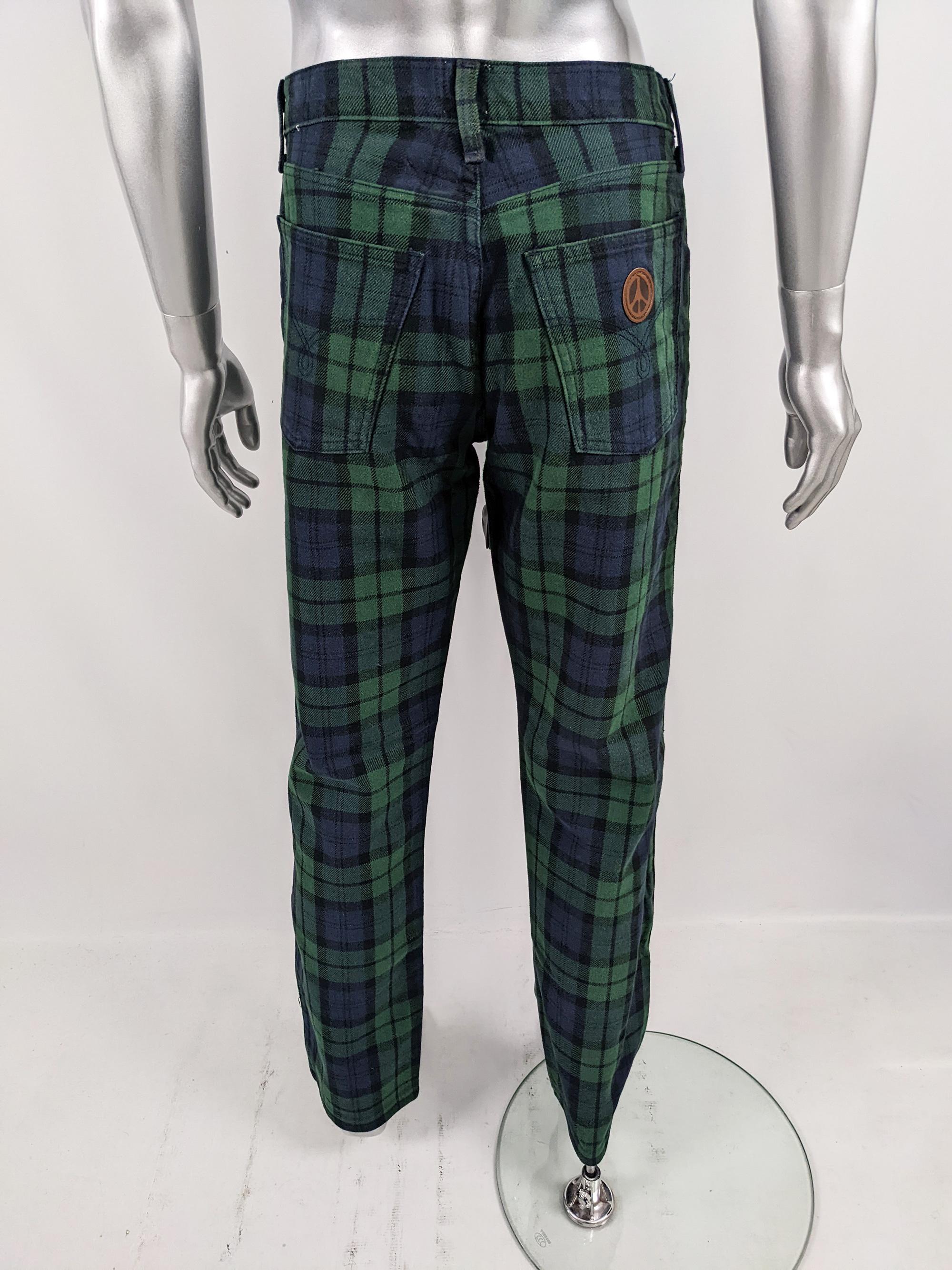 Moschino Jeans Mens Vintage Blue & Green Tartan Checked Straight Leg Denim Pants 1