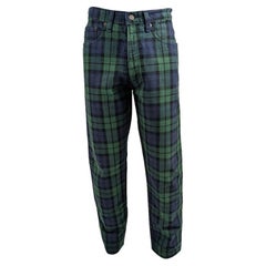 Moschino Jeans Mens Vintage Blue & Green Tartan Checked Straight Leg Denim Pants