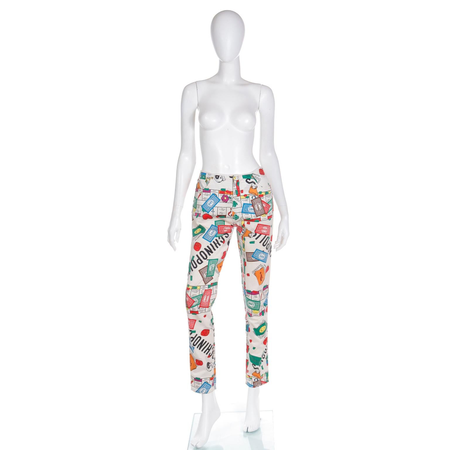 These vintage Moschino jeans feature a Monopoly inspired print titled 