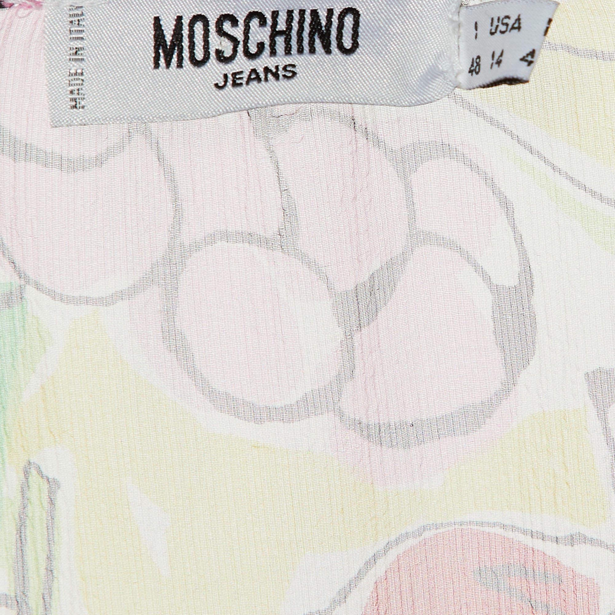 Moschino Jeans Multicolor Fruits Print Silk V-Neck Blouse L In Excellent Condition For Sale In Dubai, Al Qouz 2
