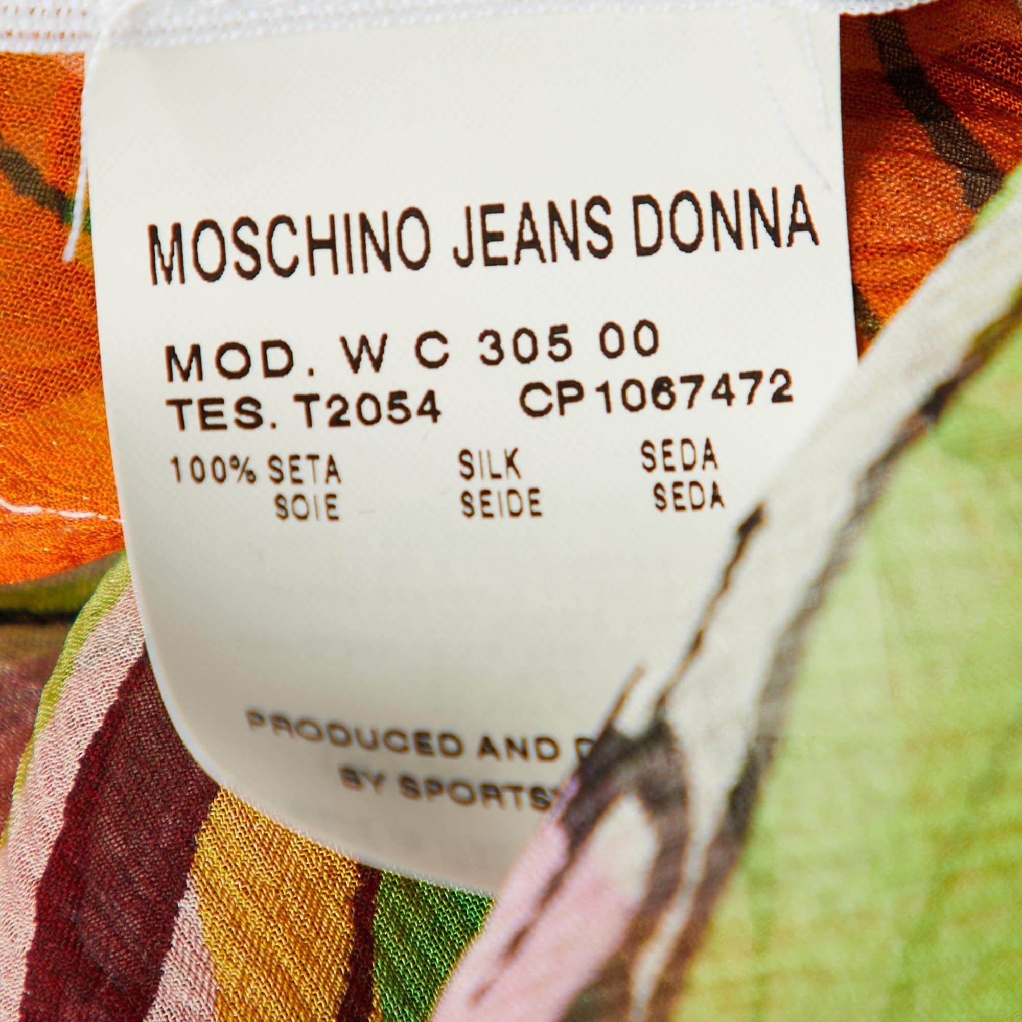 Moschino Jeans Mehrfarbige Seidenbluse mit V-Ausschnitt und Obstdruck und V-Ausschnitt L im Angebot 1