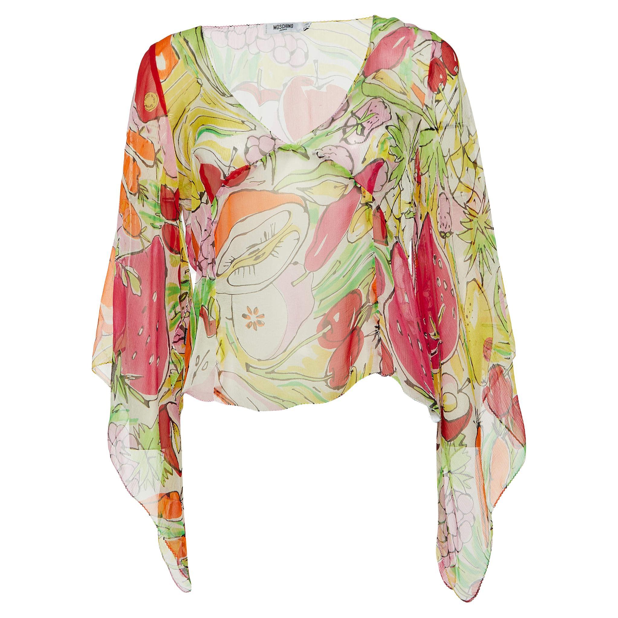Moschino Jeans Multicolor Fruits Print Silk V-Neck Blouse L For Sale