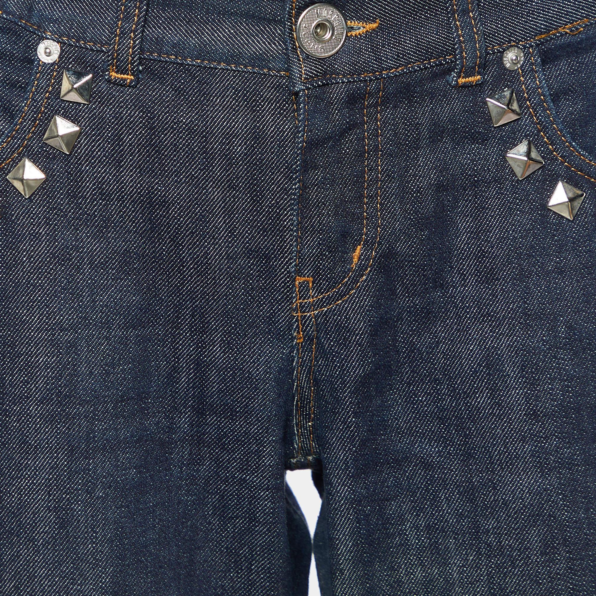 Black Moschino Jeans Navy Blue Denim Studded Wide Leg Jeans L For Sale