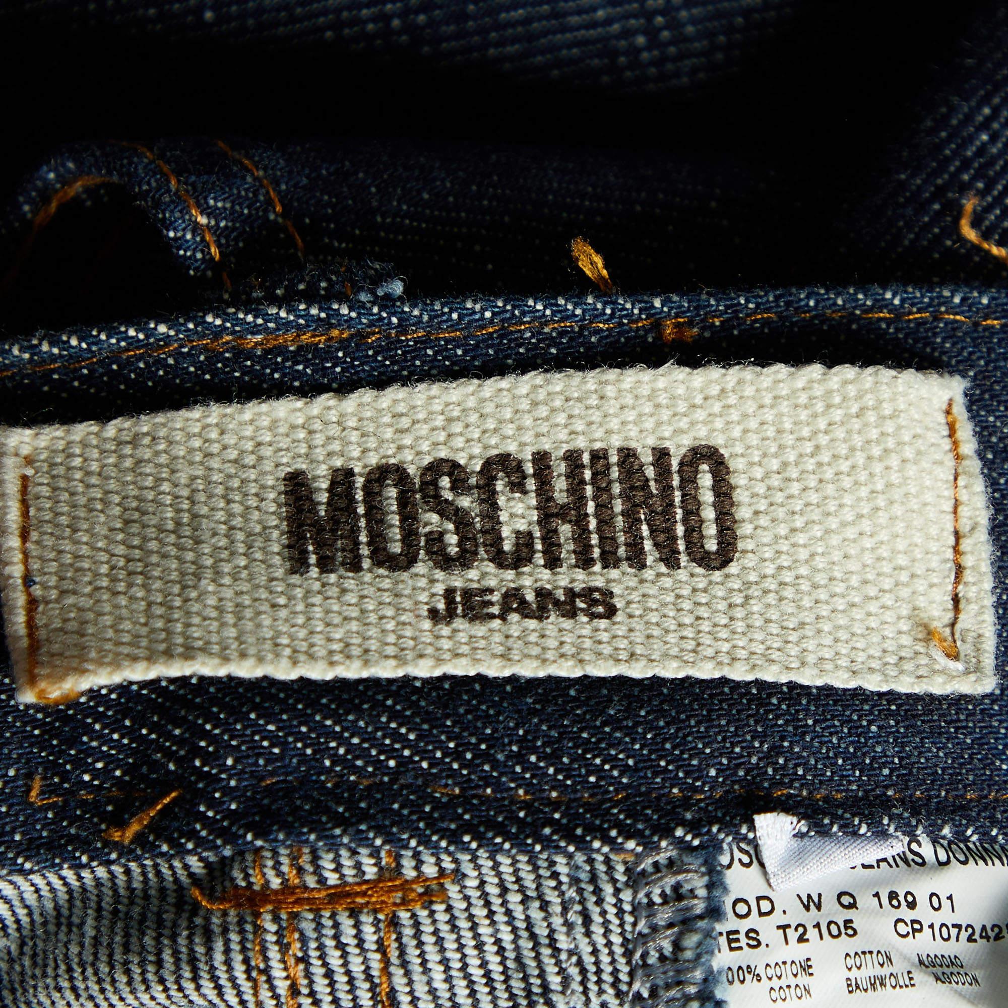 Women's Moschino Jeans Navy Blue Denim Studded Wide Leg Jeans L For Sale