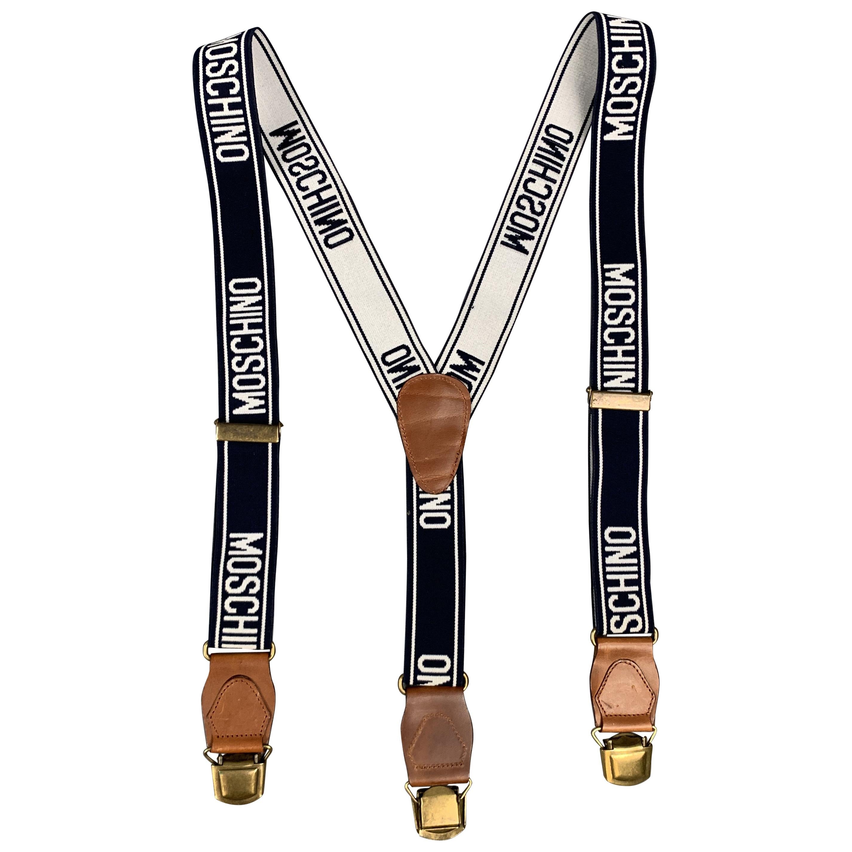 MOSCHINO JEANS Navy & White Elastic Brown leather Suspenders