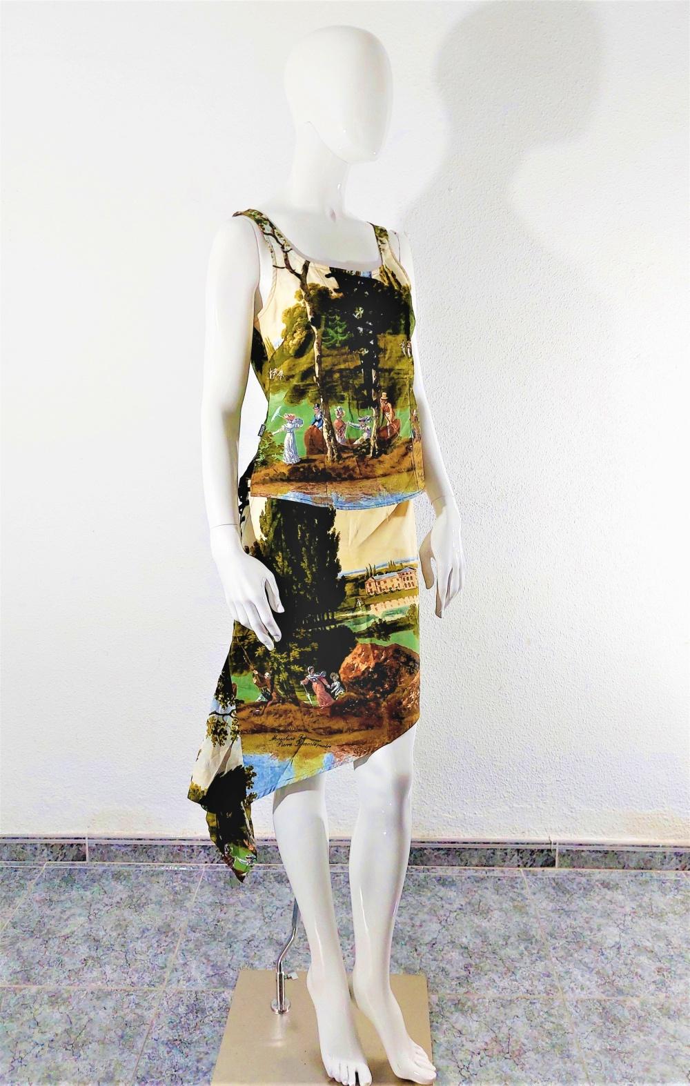Moschino Jeans Pierre Lecomte painting art baroquet Corset Bustier Skirt Set For Sale 5
