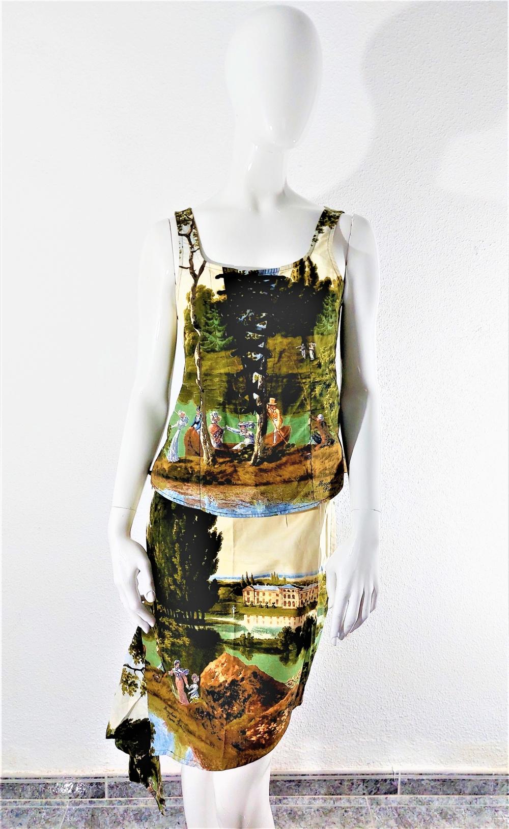 Moschino Jeans Pierre Lecomte painting art baroquet Corset Bustier Skirt Set For Sale 6