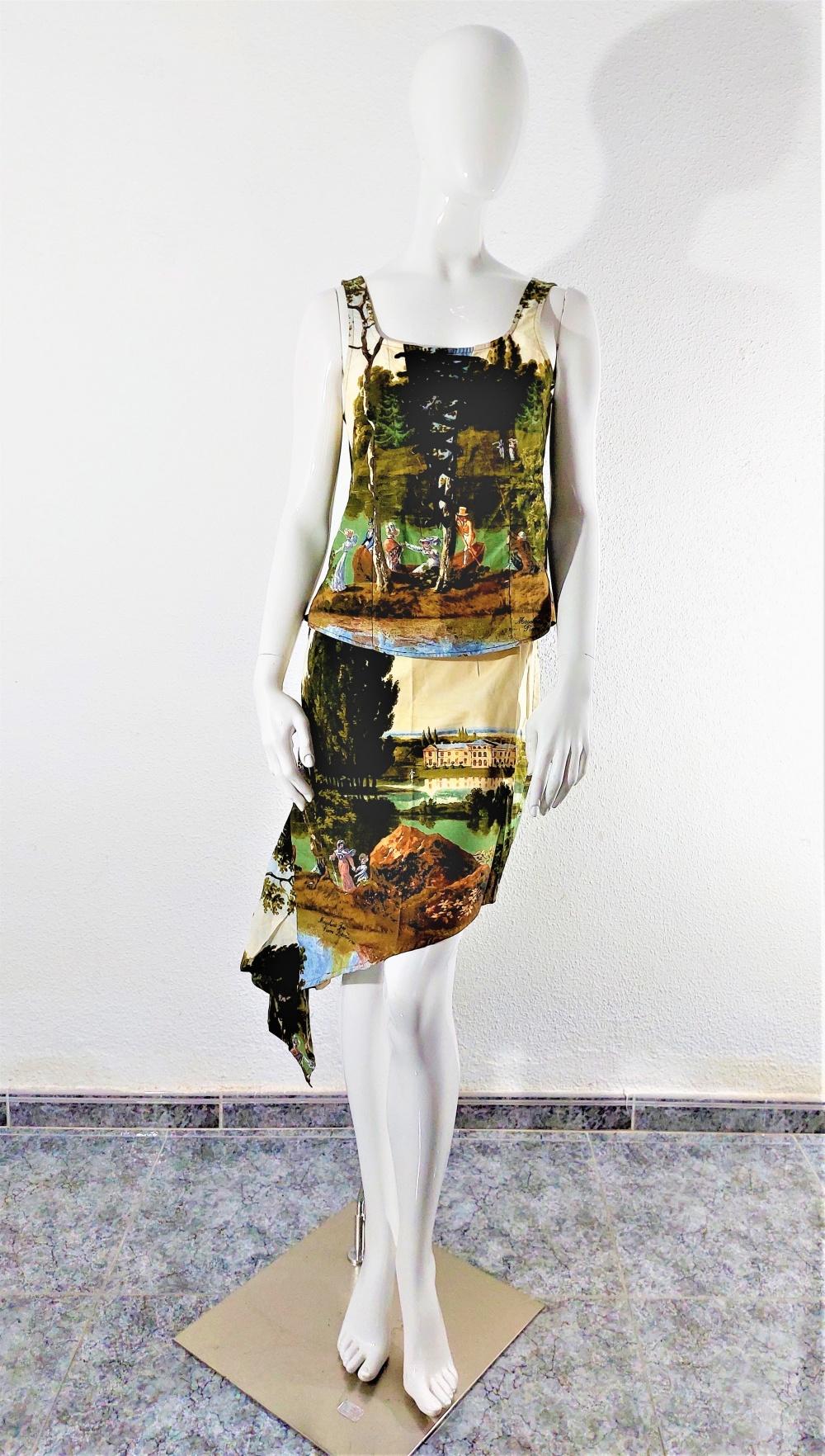 Moschino Jeans Pierre Lecomte painting art baroquet Corset Bustier Skirt Set For Sale 7