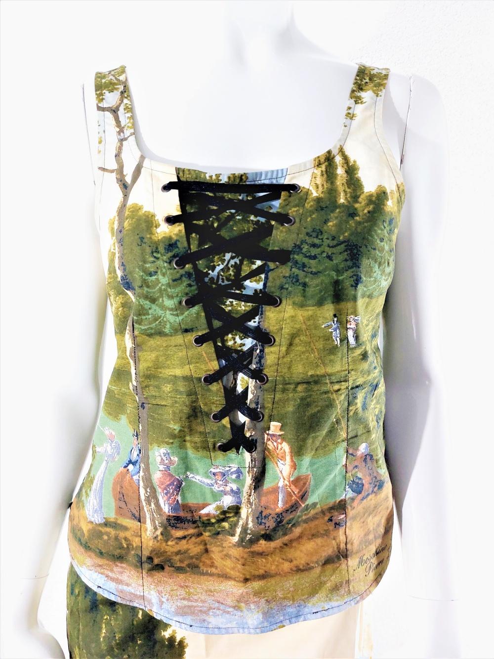 Moschino Jeans Pierre Lecomte painting art baroquet Corset Bustier Skirt Set For Sale 8