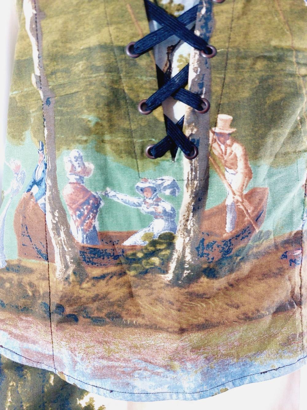 Moschino Jeans Pierre Lecomte painting art baroquet Corset Bustier Skirt Set For Sale 9
