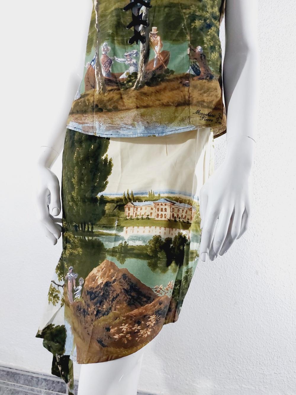 Moschino Jeans Pierre Lecomte painting art baroquet Corset Bustier Skirt Set For Sale 10