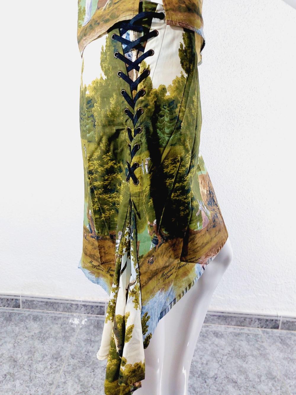 Moschino Jeans Pierre Lecomte painting art baroquet Corset Bustier Skirt Set For Sale 3