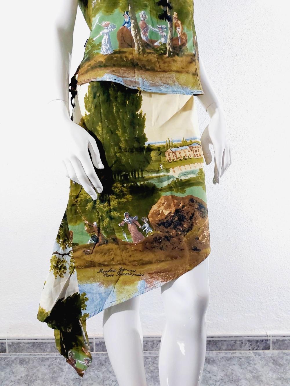 Moschino Jeans Pierre Lecomte painting art baroquet Corset Bustier Skirt Set For Sale 4
