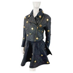 Moschino Jeans Denim Trapuntato Biker Bottiglia di Birra Tappo d'Acqua Appliques Giacca Gonna