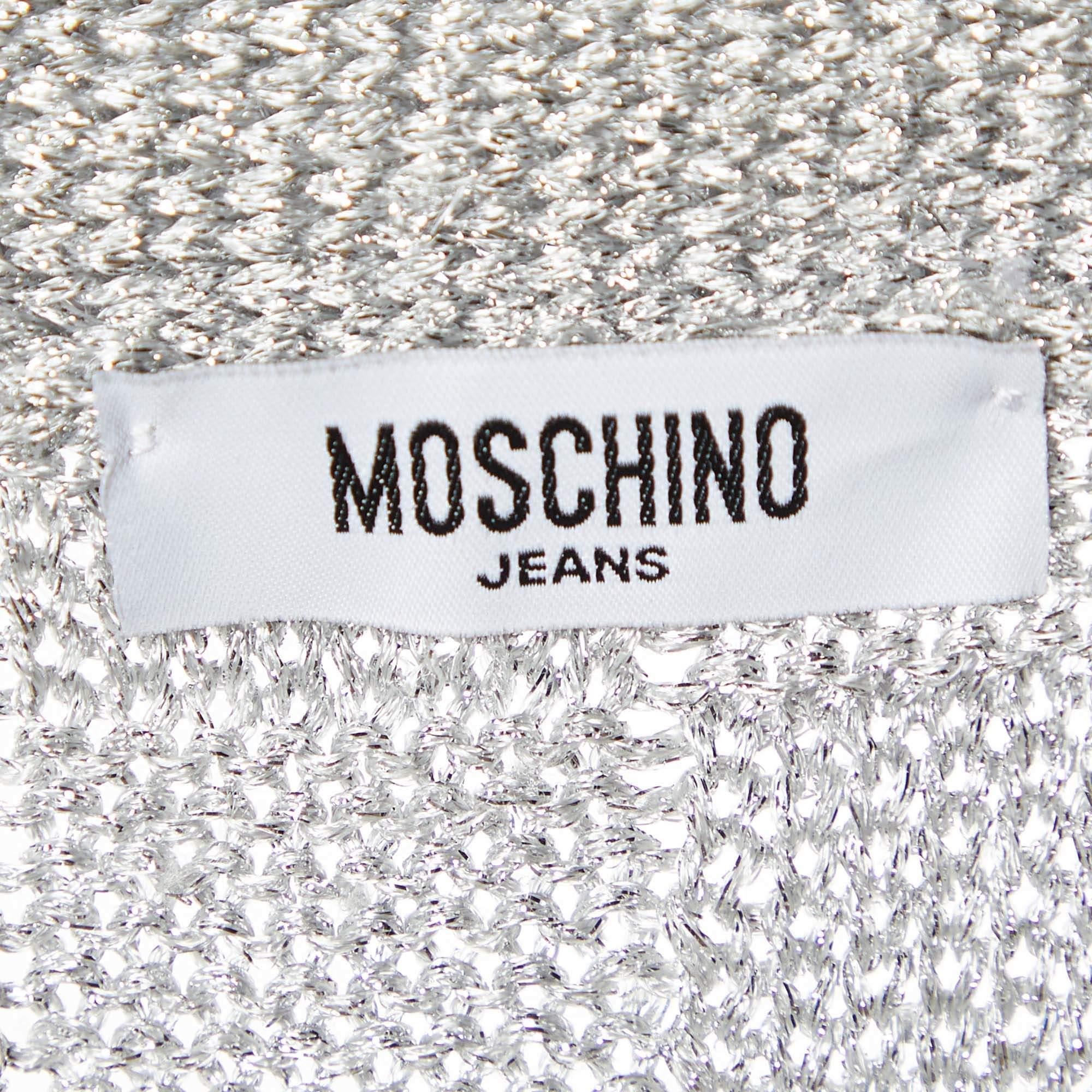 Moschino Jeans Silber Lurex-Strickjacke mit offener Vorderseite L Damen im Angebot