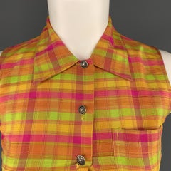 MOSCHINO JEANS Size 6 Orange Yellow Pink & Green Plaid Cropped Silk Blouse