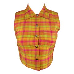 MOSCHINO JEANS Size 6 Orange Yellow Pink & Green Plaid Cropped Silk Blouse