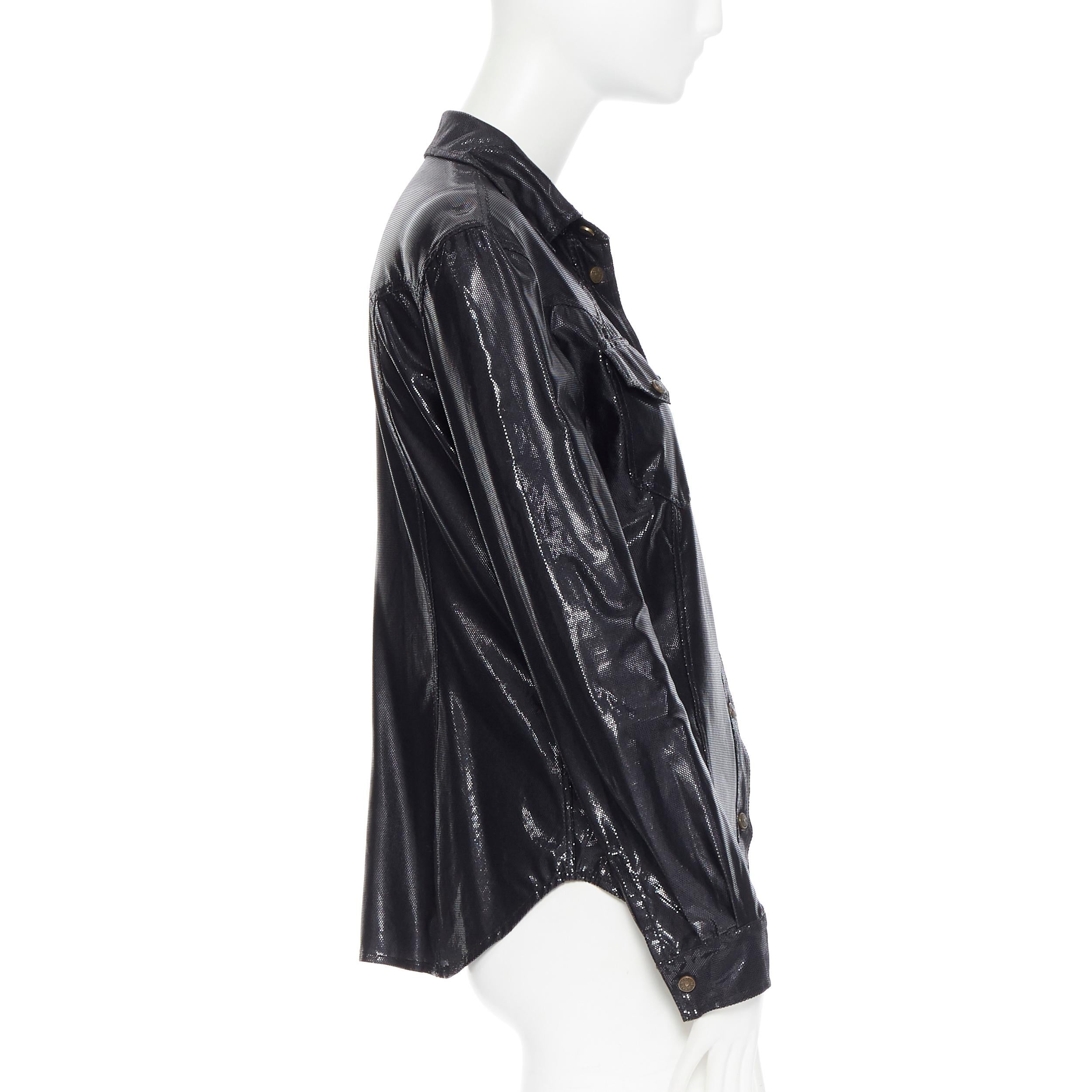 Black MOSCHINO JEANS vintage black shimmery wet look slim fit worker shirt top S