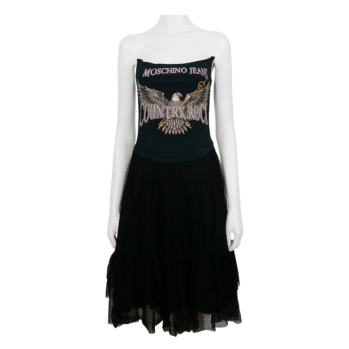 Moschino Jeans Vintage Country Rock Black Tulle Dress US Size 6 For Sale