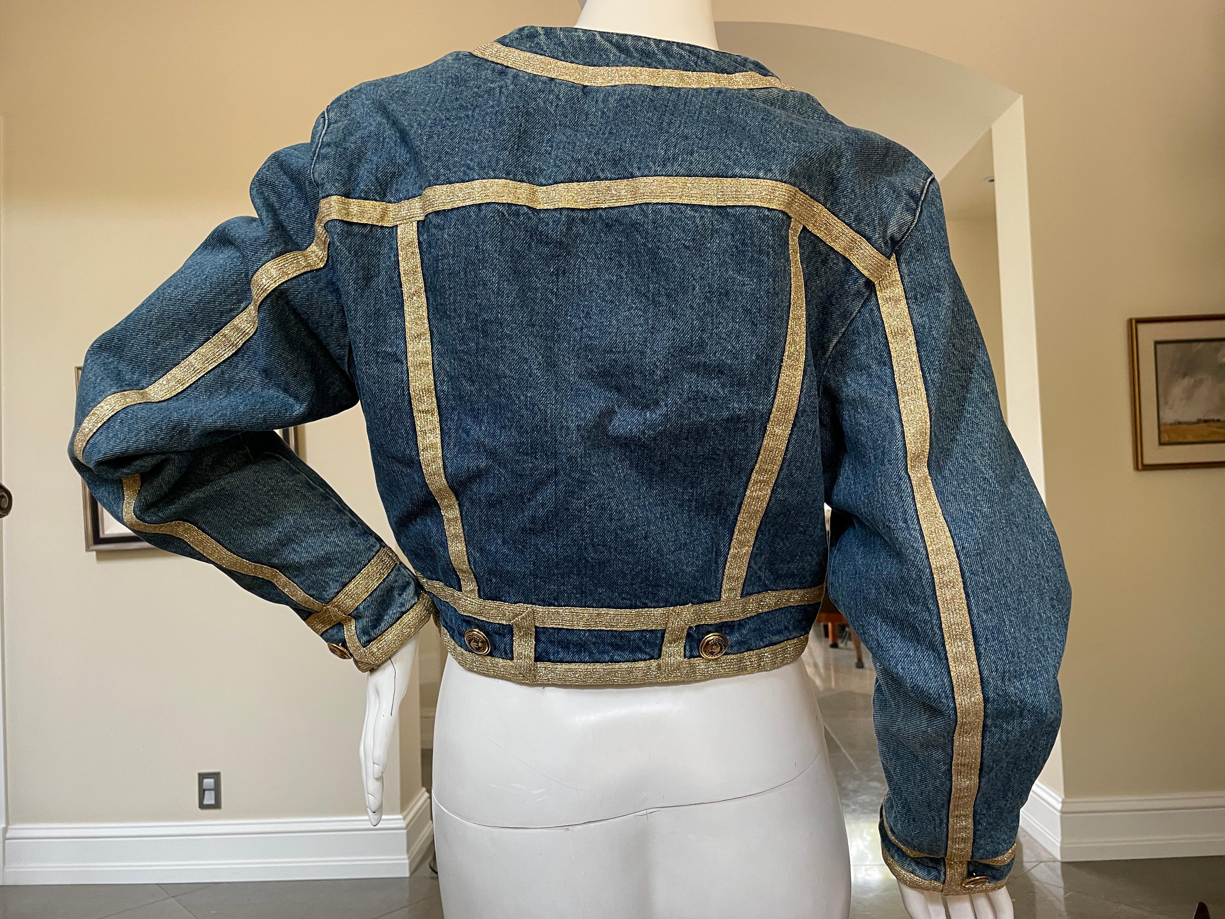 Women's Moschino Jeans Vintage Denim Jacket with Trompe l'oeil Gold Trim Lapels For Sale
