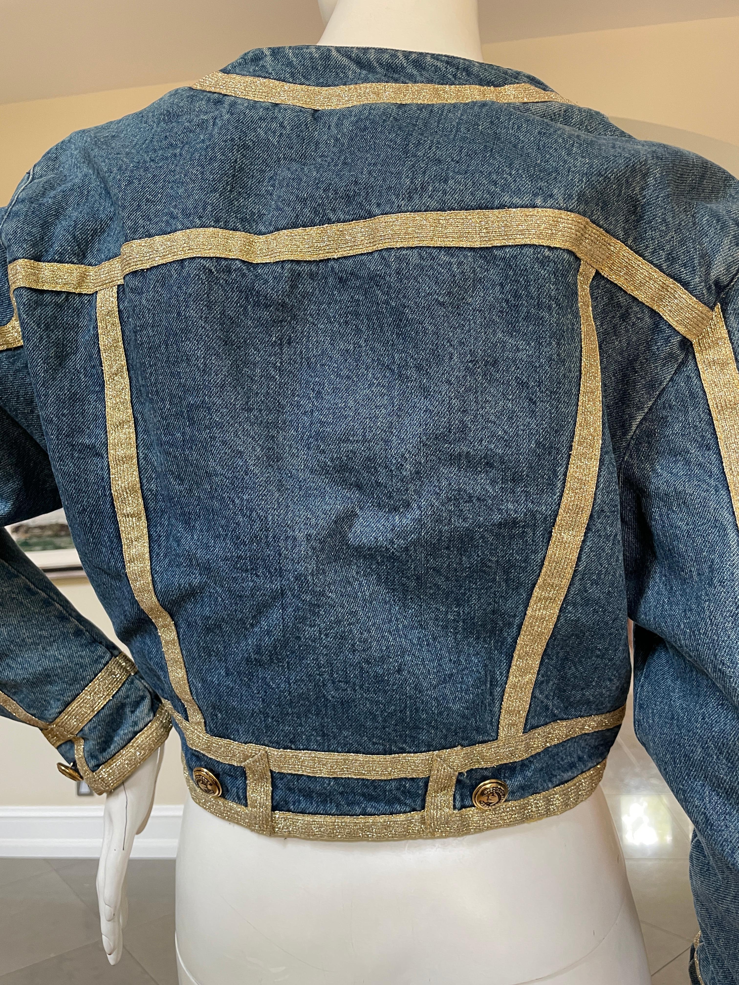 Moschino Jeans Vintage Denim Jacket with Trompe l'oeil Gold Trim Lapels For Sale 1