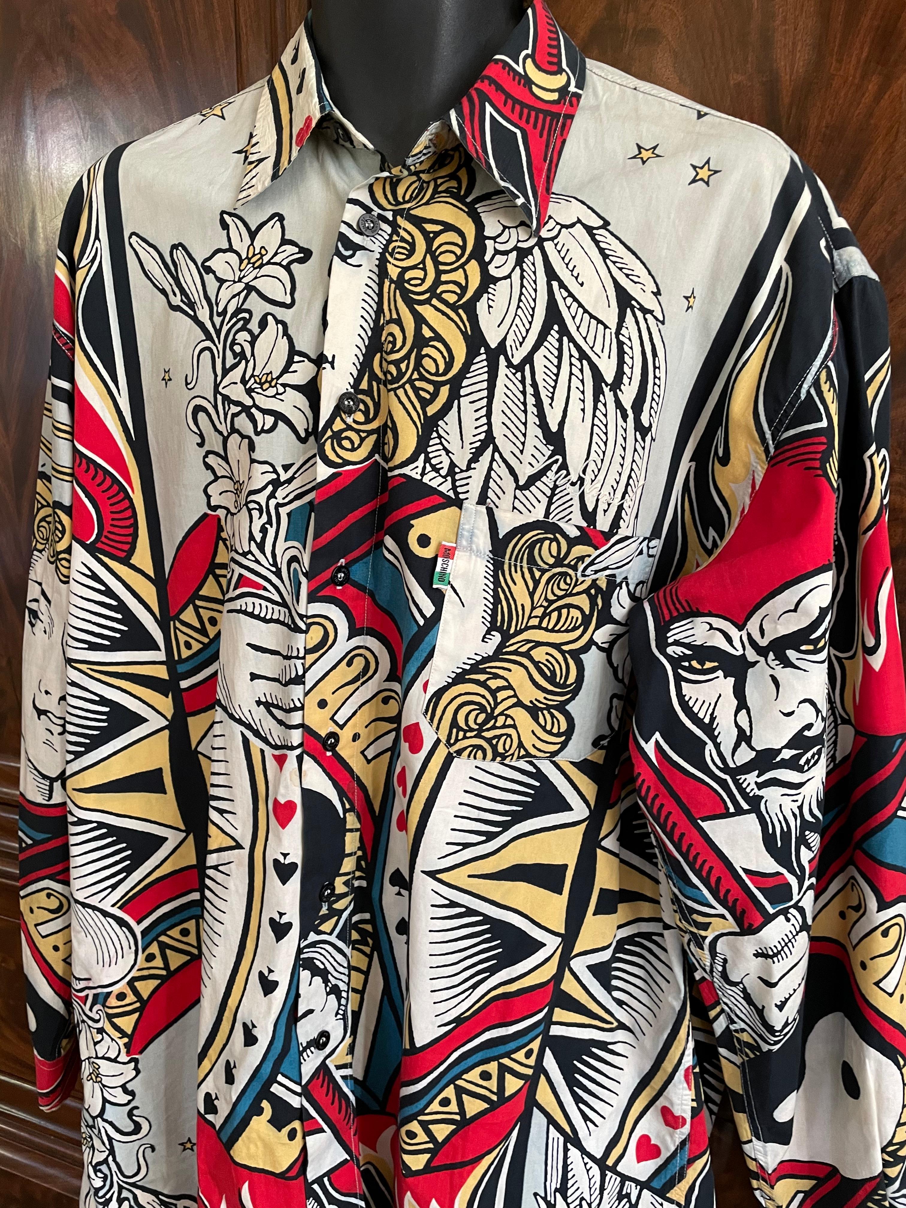 Beige Moschino Jeans Vintage Graphic Playing Cards Cotton Button Down Men's Shirt XL For Sale