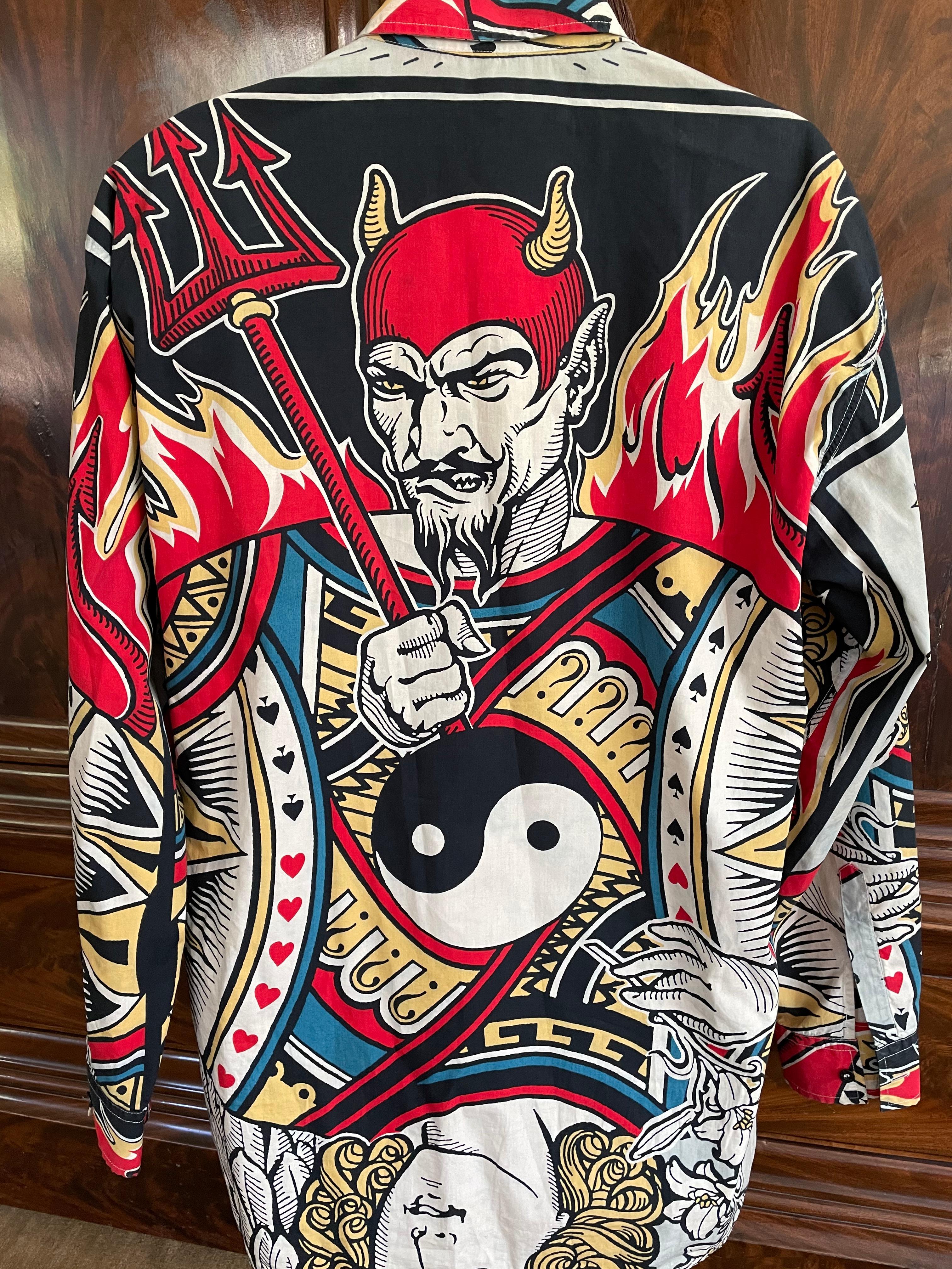 Moschino Jeans Vintage Graphic Playing Cards Cotton Button Down Men's Shirt XL In New Condition For Sale In Cloverdale, CA