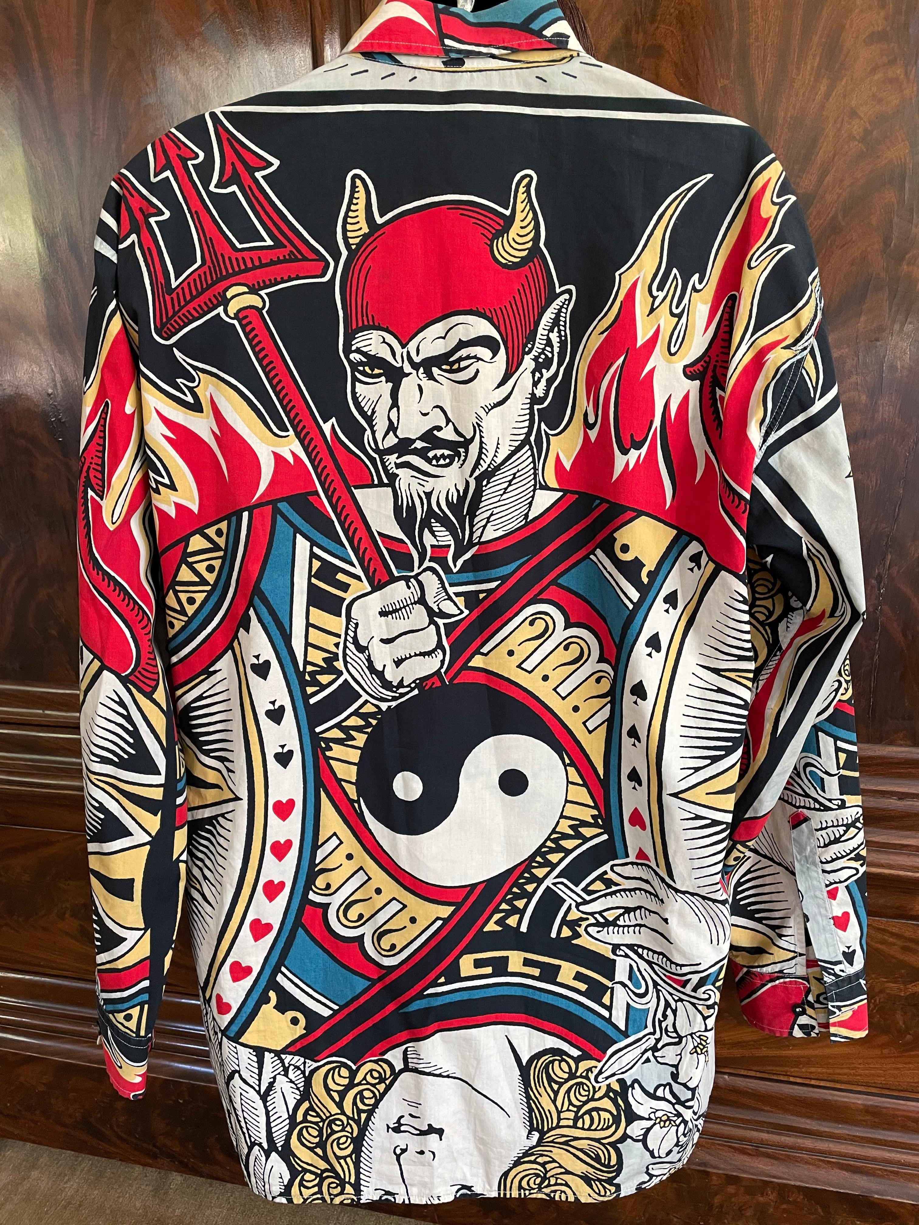 Moschino Jeans Vintage Graphic Playing Cards Cotton Button Down Men's Shirt XL For Sale 1