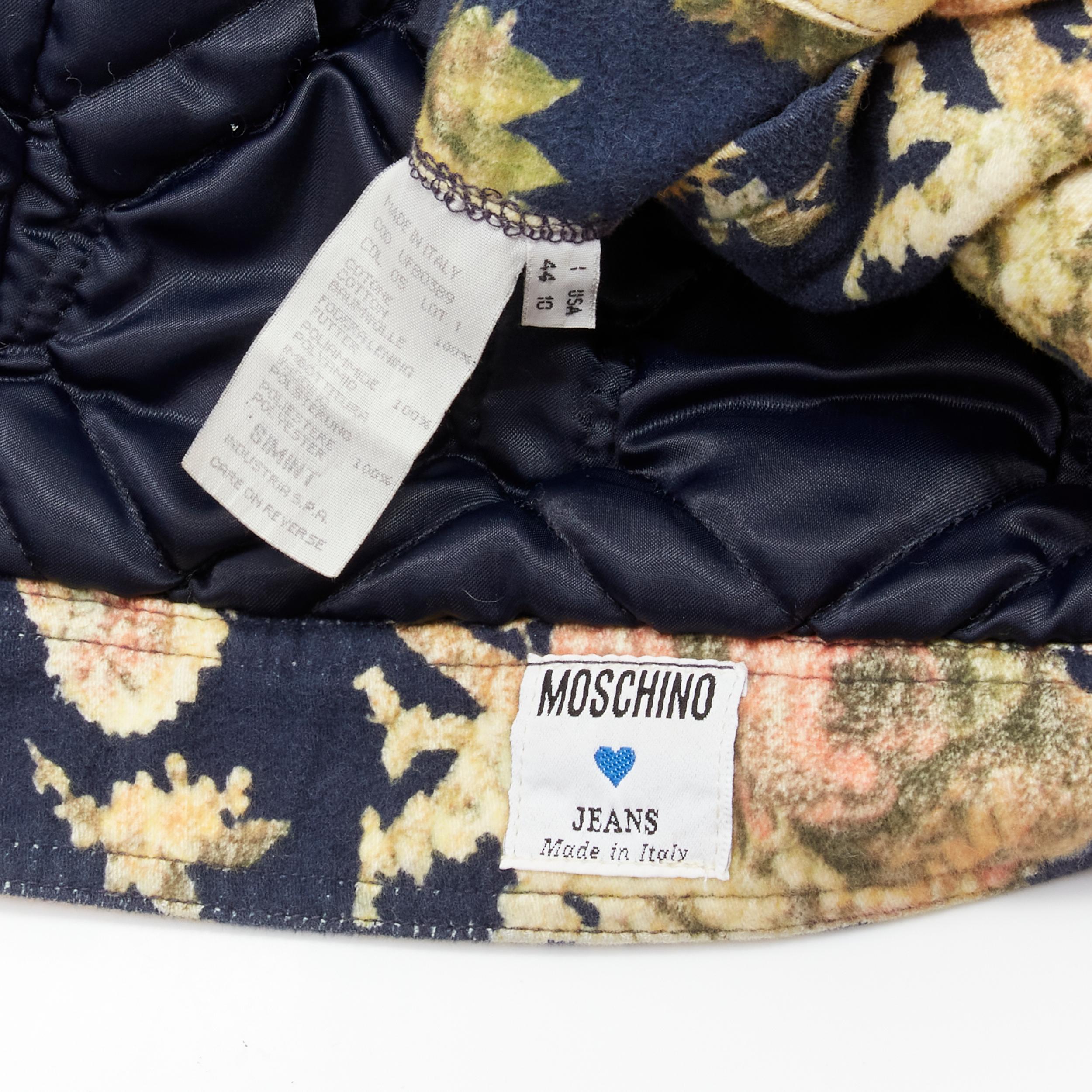 MOSCHINO JEANS Vintage yellow floral printed cotton faux fur trim padded coat For Sale 5