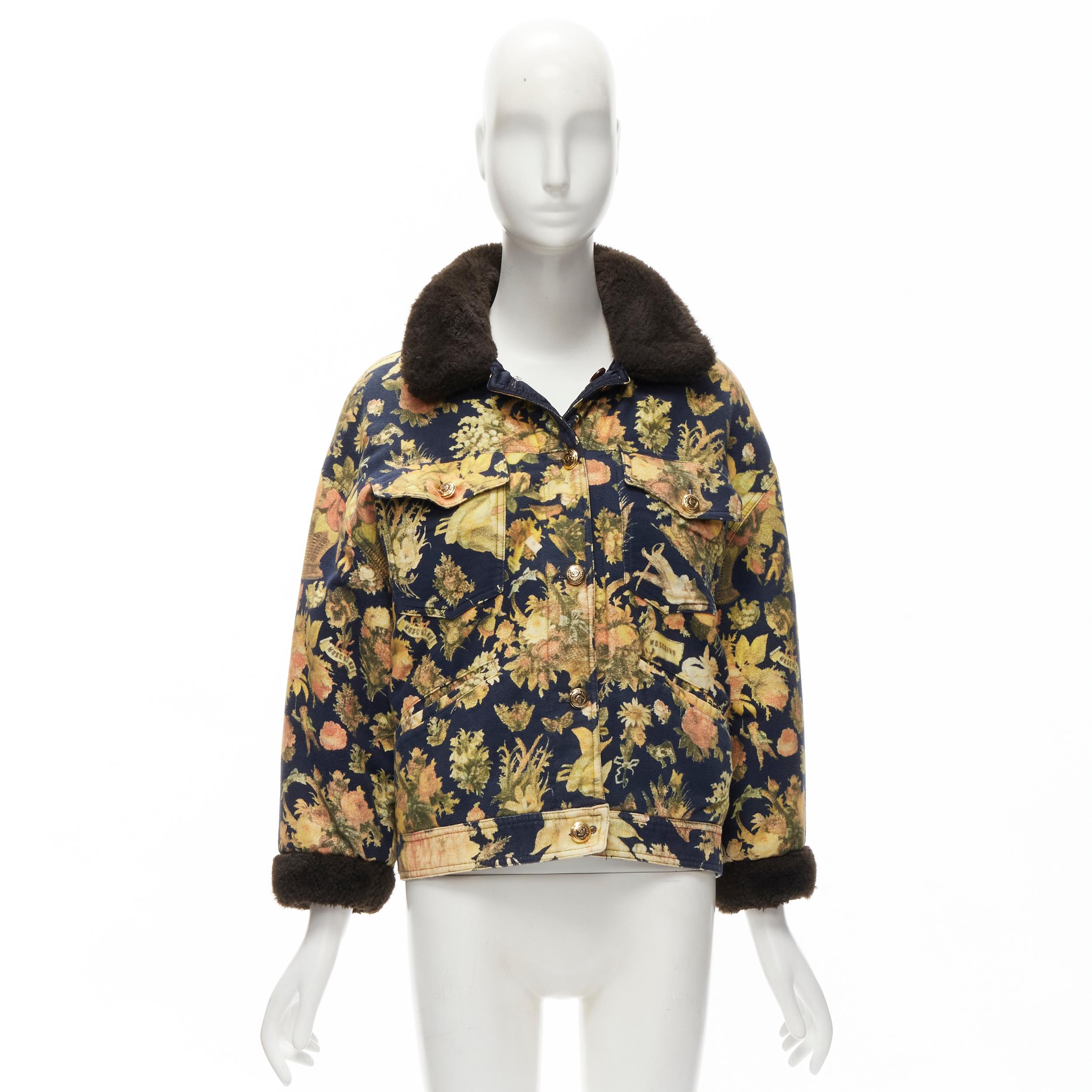 MOSCHINO JEANS Vintage yellow floral printed cotton faux fur trim padded coat For Sale 6
