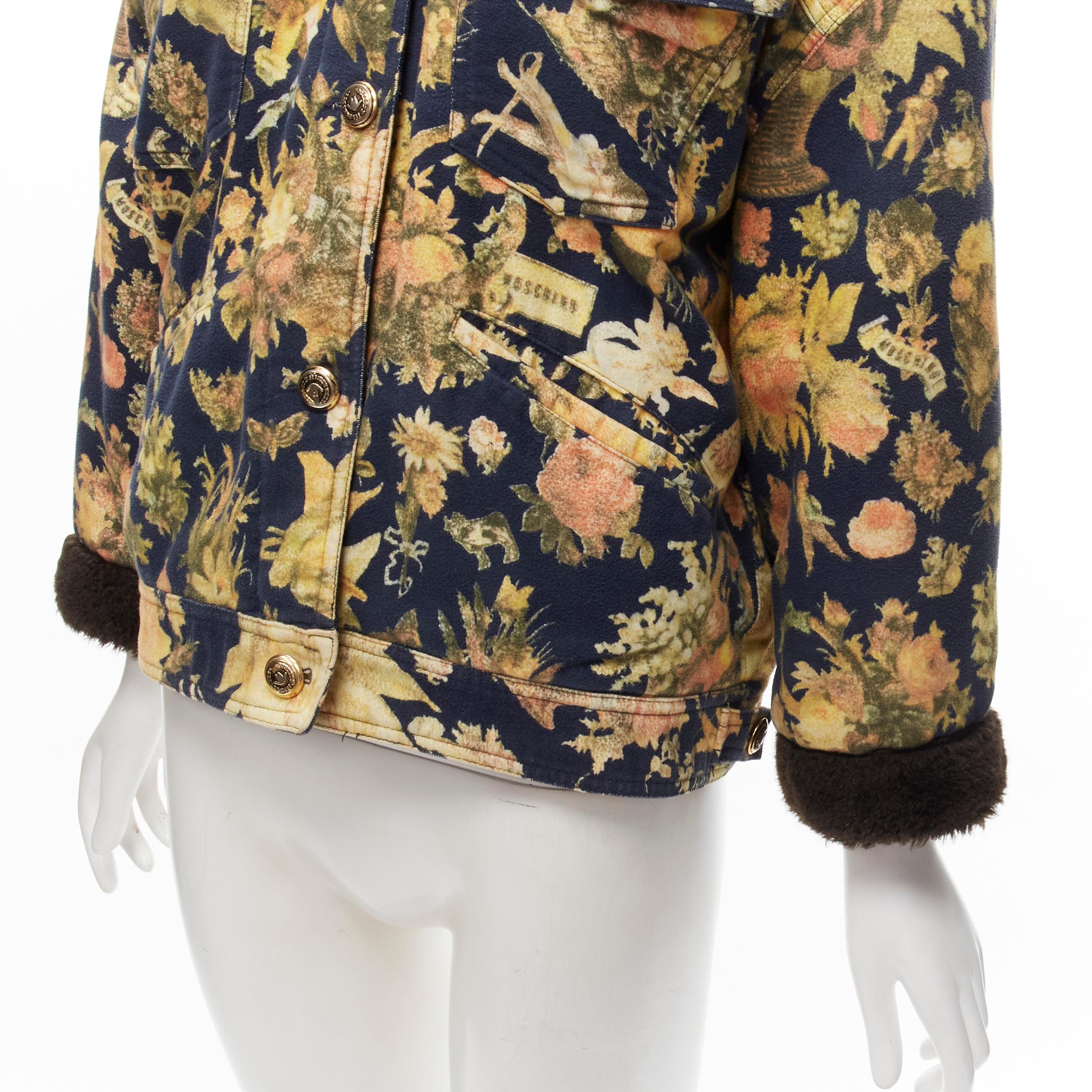 MOSCHINO JEANS Vintage yellow floral printed cotton faux fur trim padded coat For Sale 4