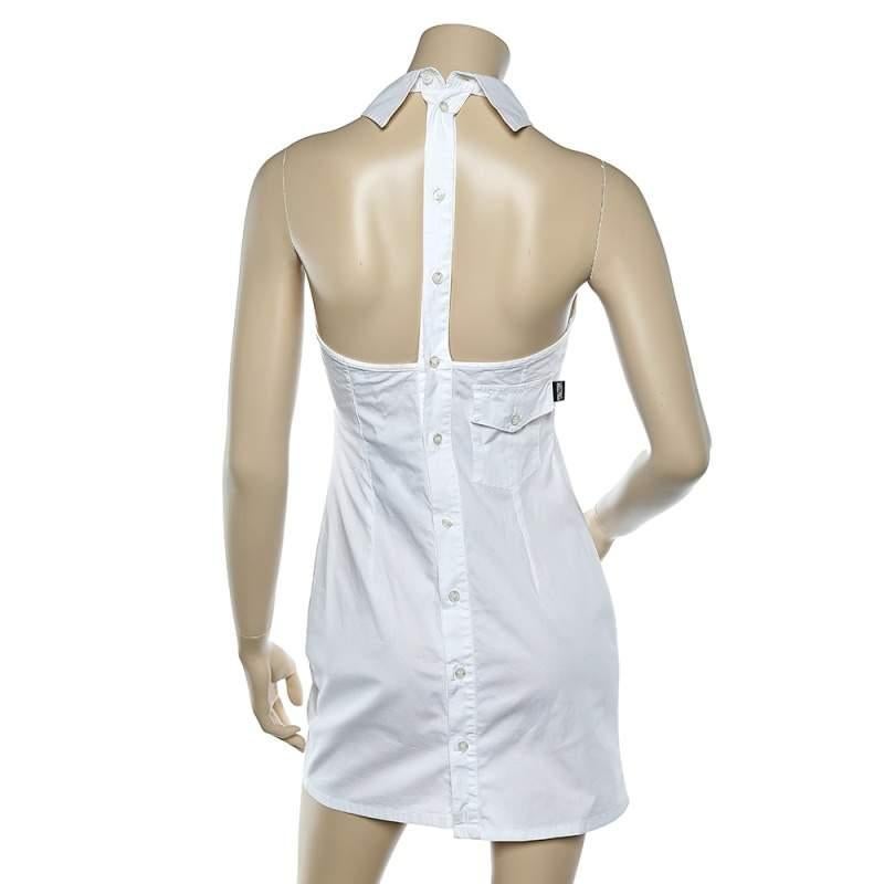 Gray Moschino Jeans White Cotton Halter Neck Collared Mini Dress M