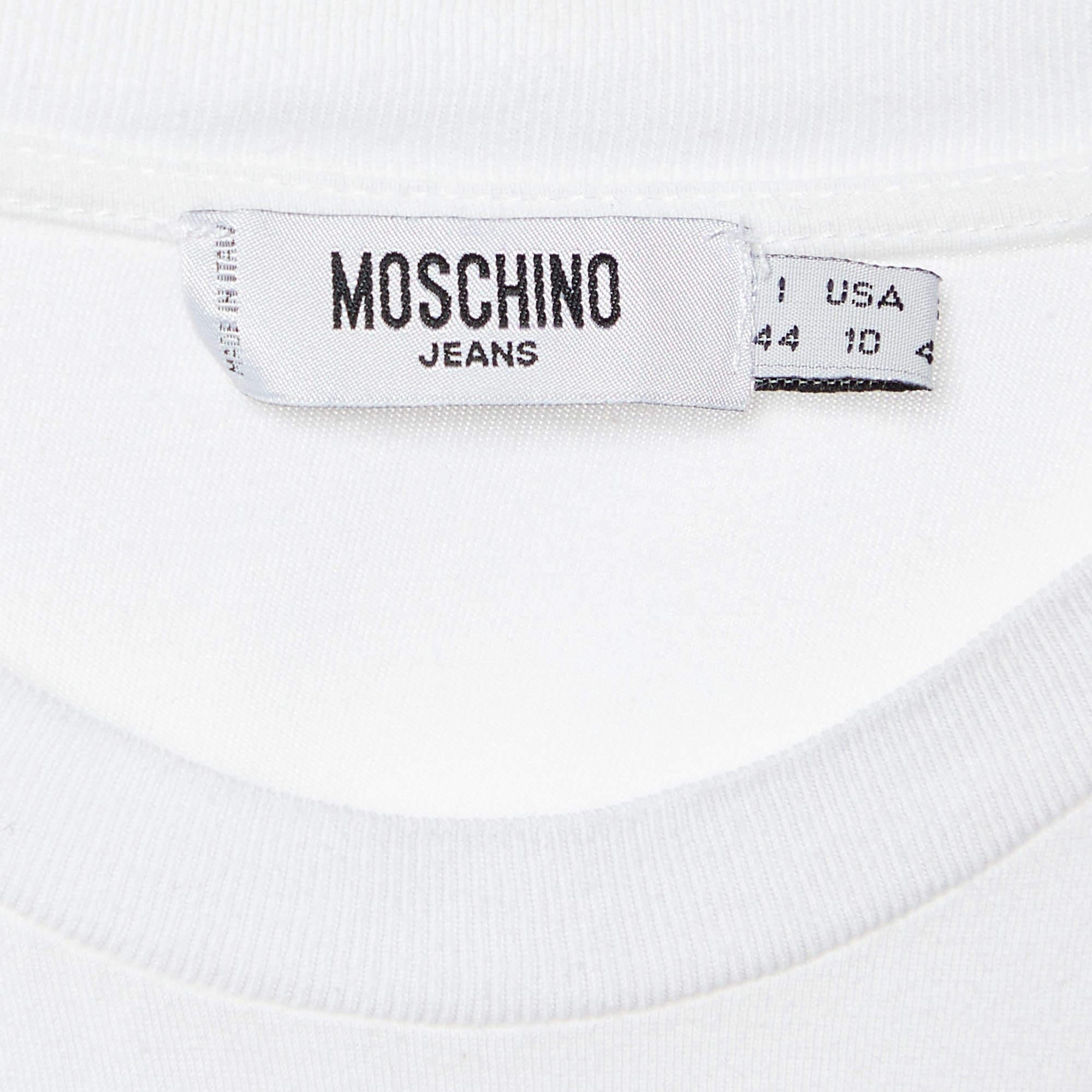 Moschino Jeans Maglietta bianca impreziosita e stampata in maglia di cotone M. T. I. In condizioni buone in vendita a Dubai, Al Qouz 2