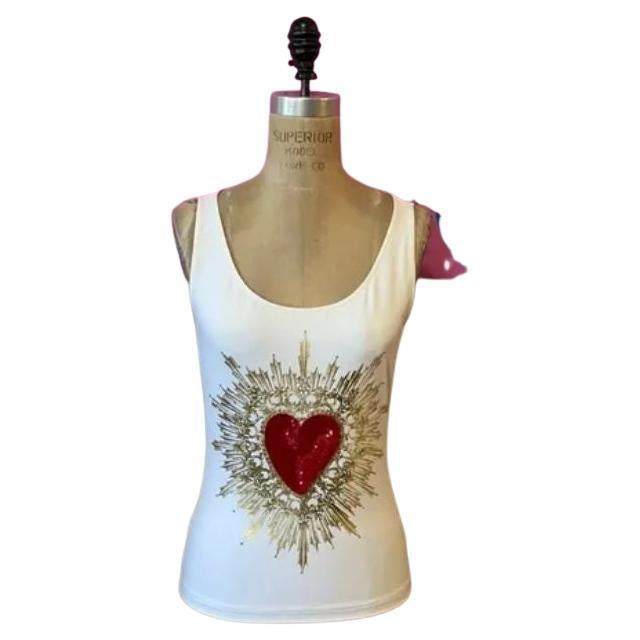 Moschino Jeans White Stretch Tank Sequin Heart For Sale
