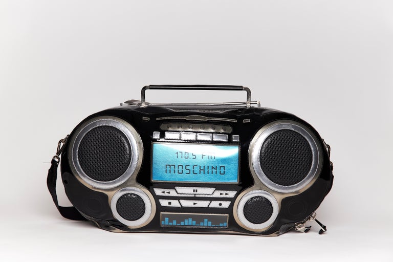 Women's or Men's Moschino Jeremy Scott Laminated Calf Leather Patent Boombox Oversized Bag For Sale