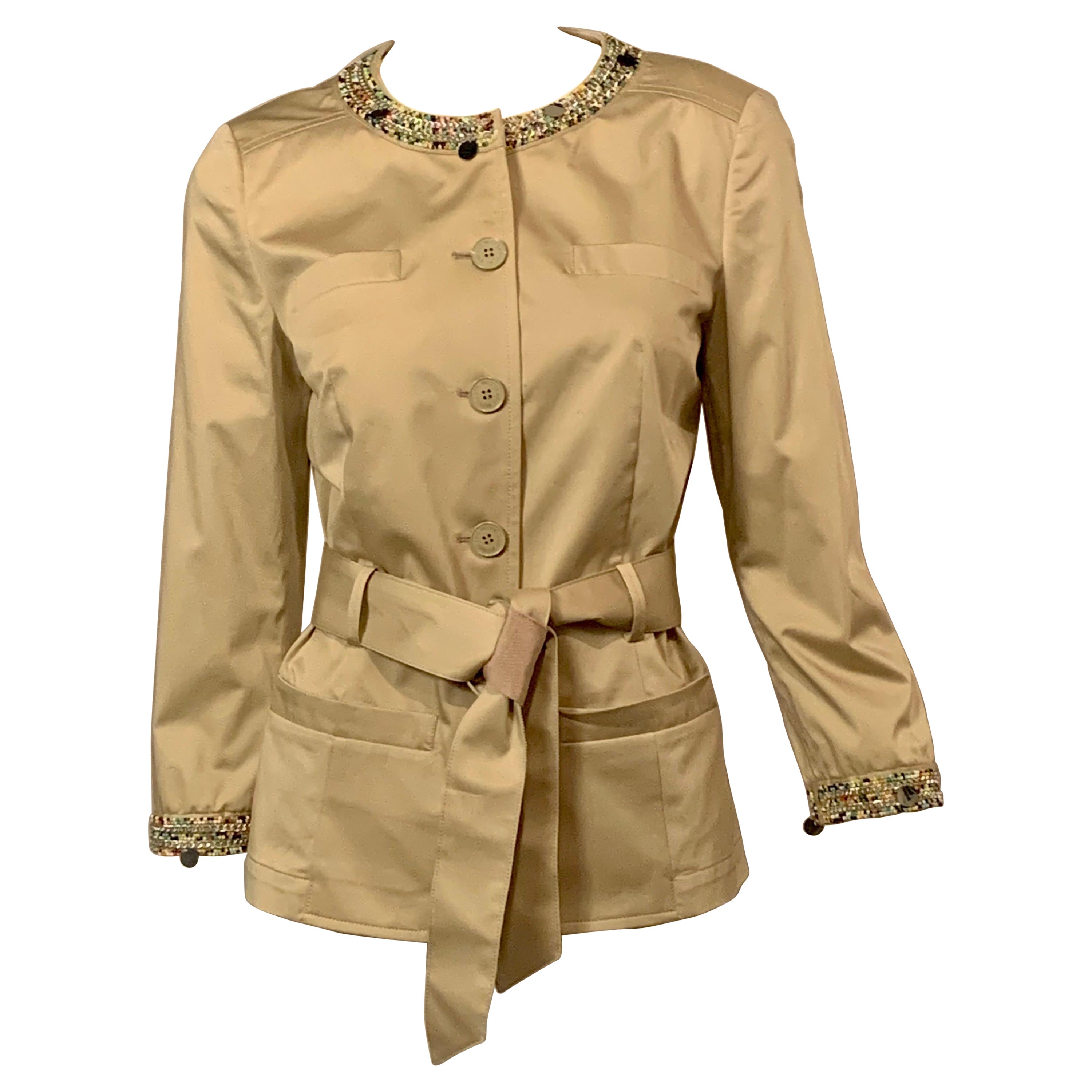 Moschino Khakifarbene Baumwolljacke mit buntem Perlenkragen und Manschetten