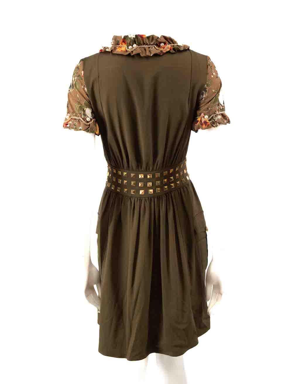 Moschino Khaki Floral Print Faux Pearl Dress Size XS In Good Condition For Sale In London, GB