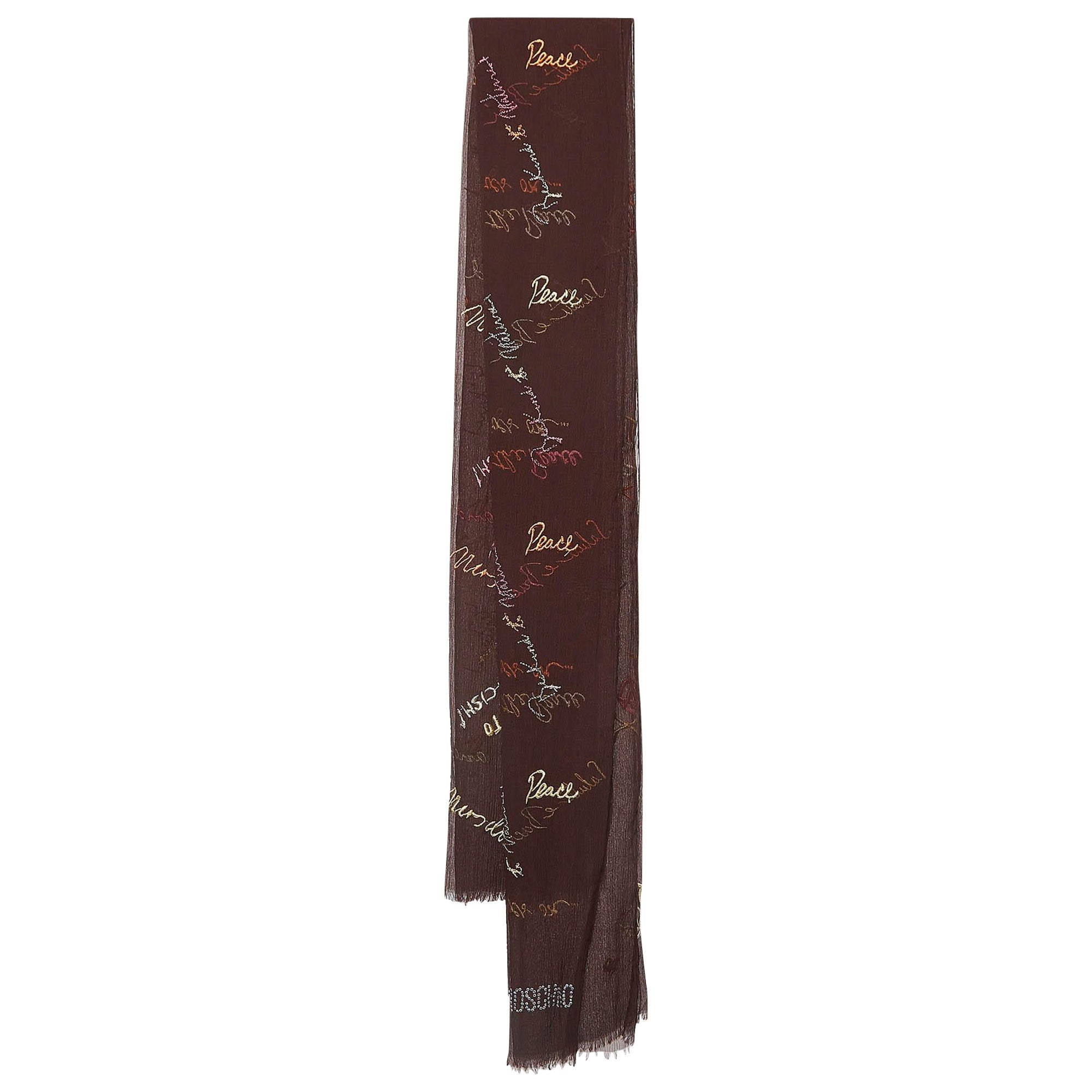 Moschino Larioseta Brown Text Embroidery Silk Blend Scarf