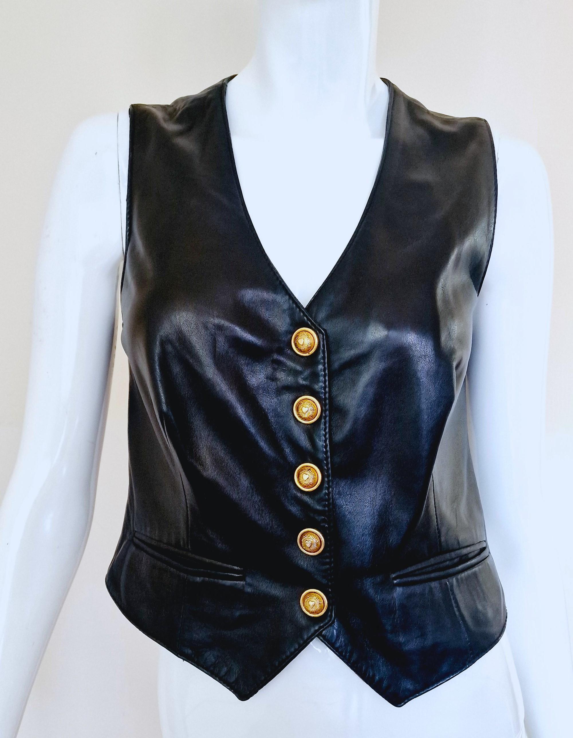 Heart cut-out leather vest by Moschino! 
Moschino Leather golden buttons.
2 front pockets.
Bella Hadid worn the same piece and shared the photos on her Instagram in 2020. 

EXCELLENT condition! The only sig of wear is on the back, please see the