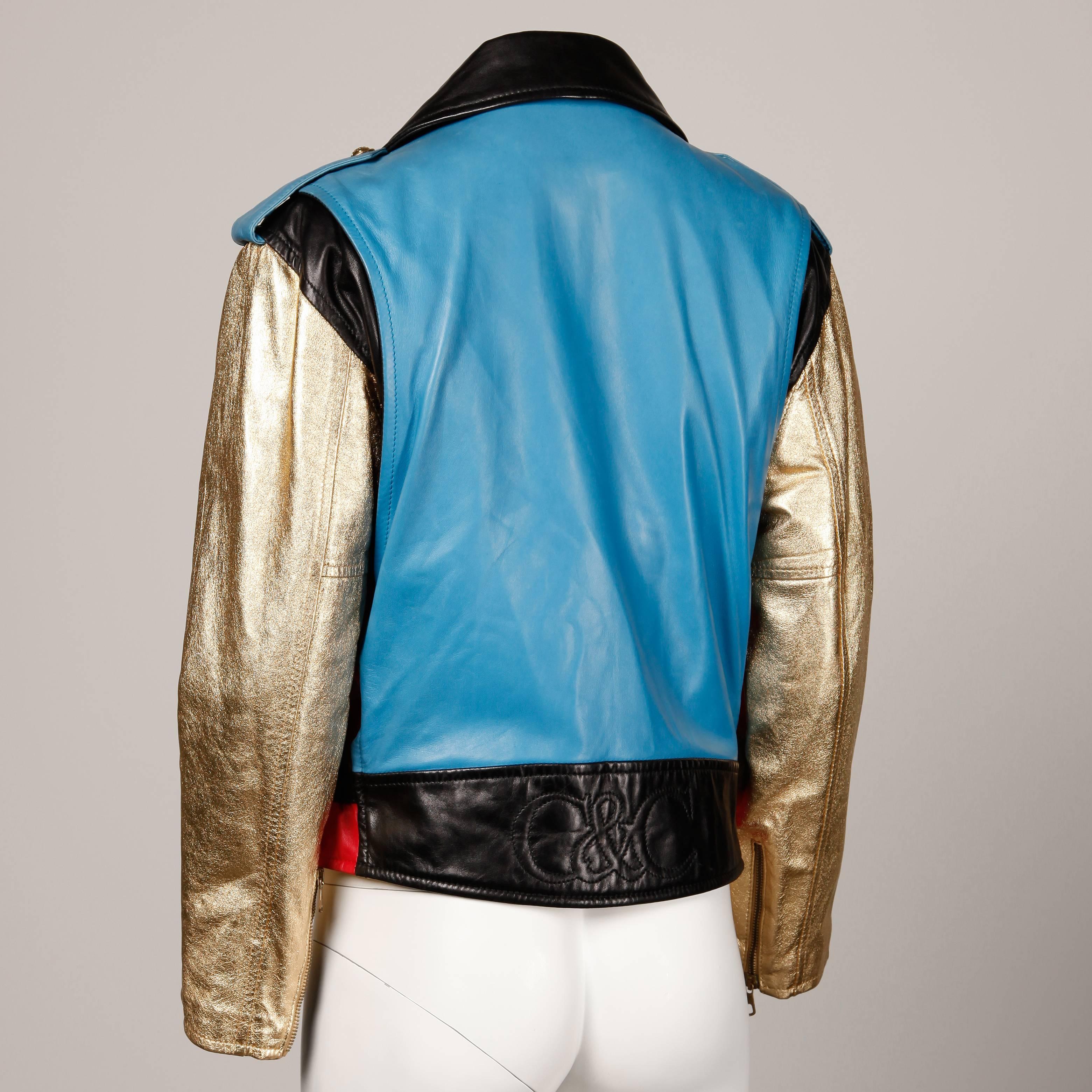 Women's Moschino Leather Vintage Metallic Gold Color Block Motorcycle Jacket, 1990s  For Sale