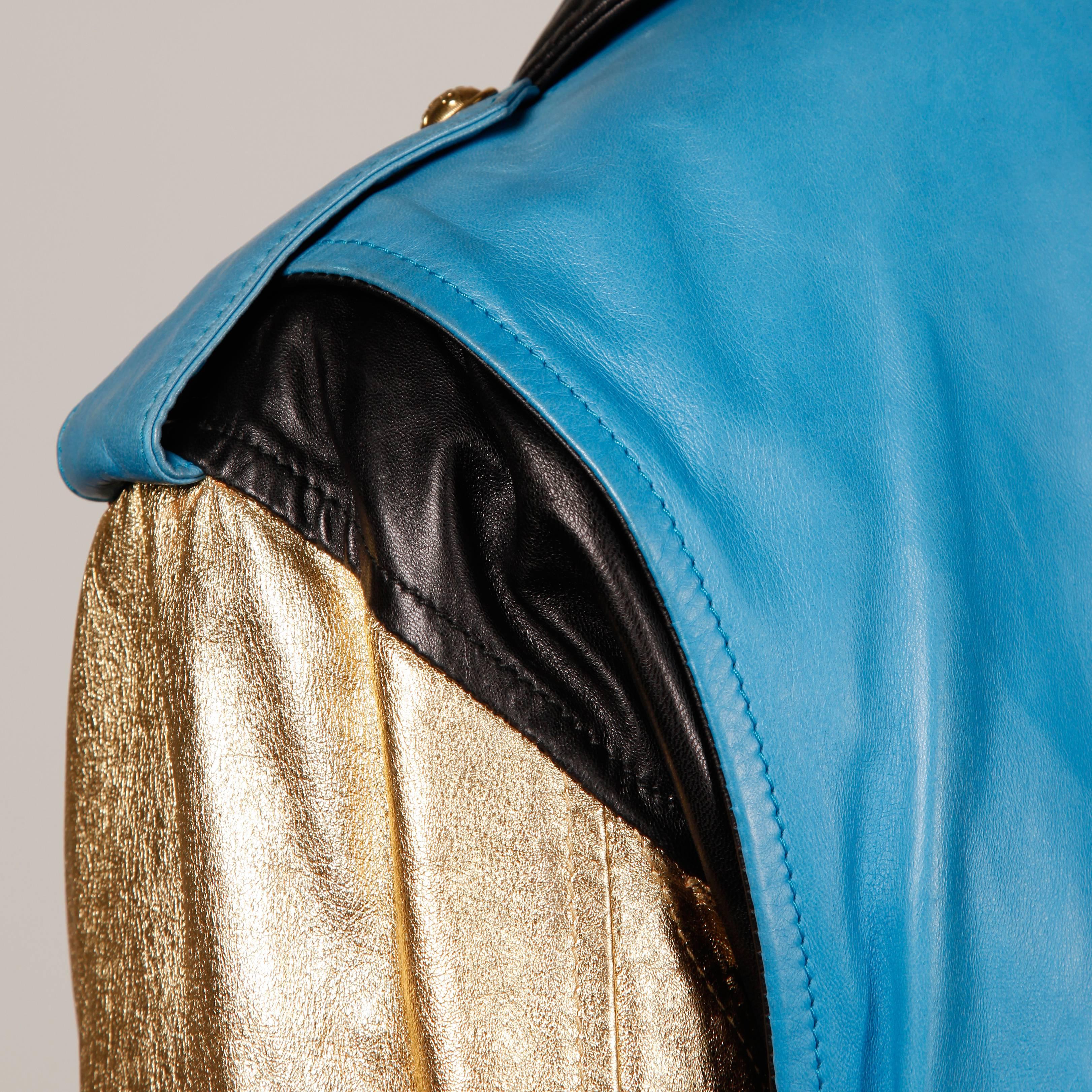 Moschino Leather Vintage Metallic Gold Color Block Motorcycle Jacket, 1990s  For Sale 4