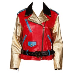 Moschino Leather Vintage Metallic Gold Color Block Motorcycle Jacket, 1990s