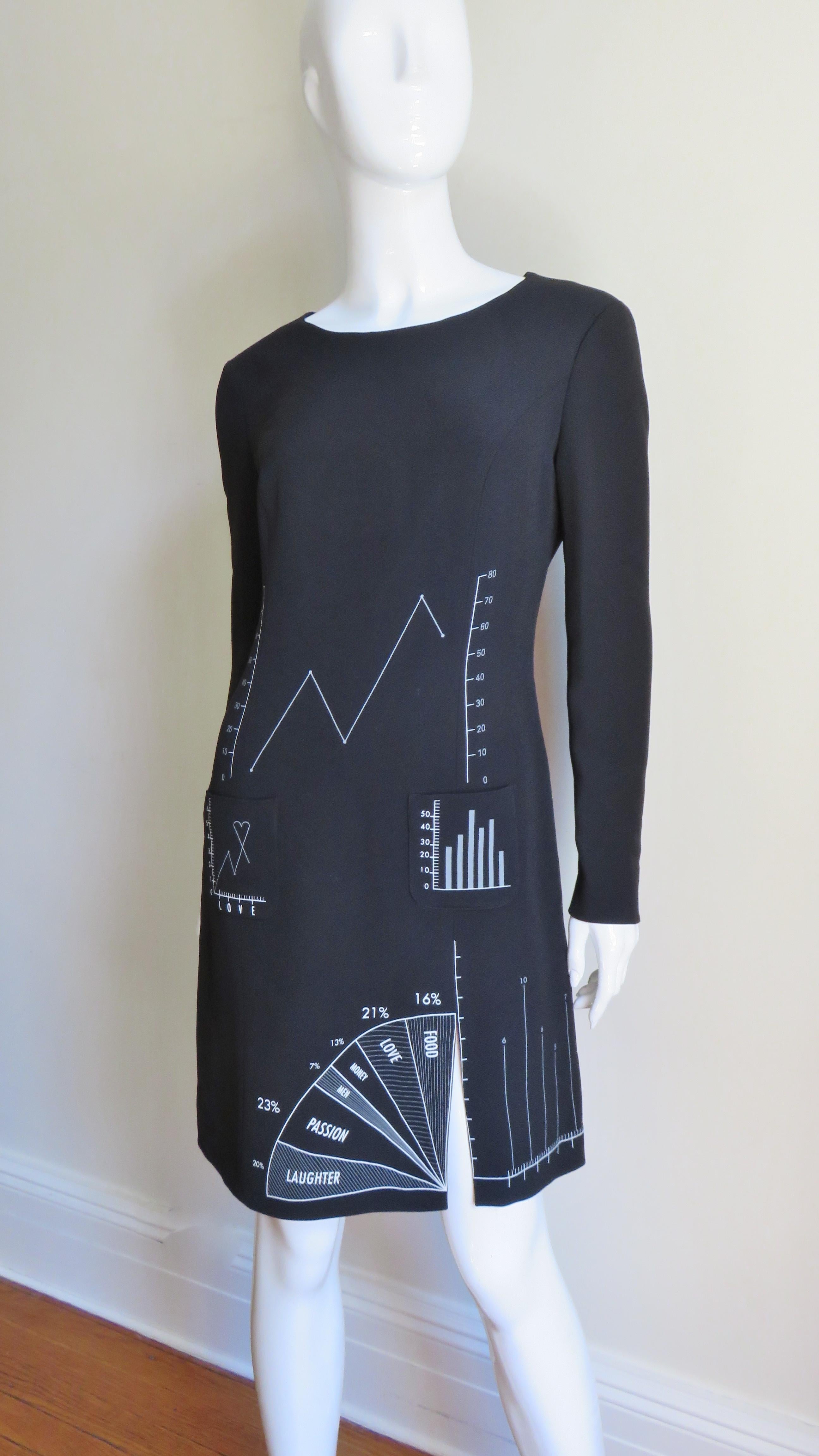 A fabulous black dress from Moschino.  It has long sleeves, a crew neck and great charts and graphs screen printed on the front and back in white.  It has 2 small patch pockets at the front hips and a small slit up one leg. It is fully lined and has